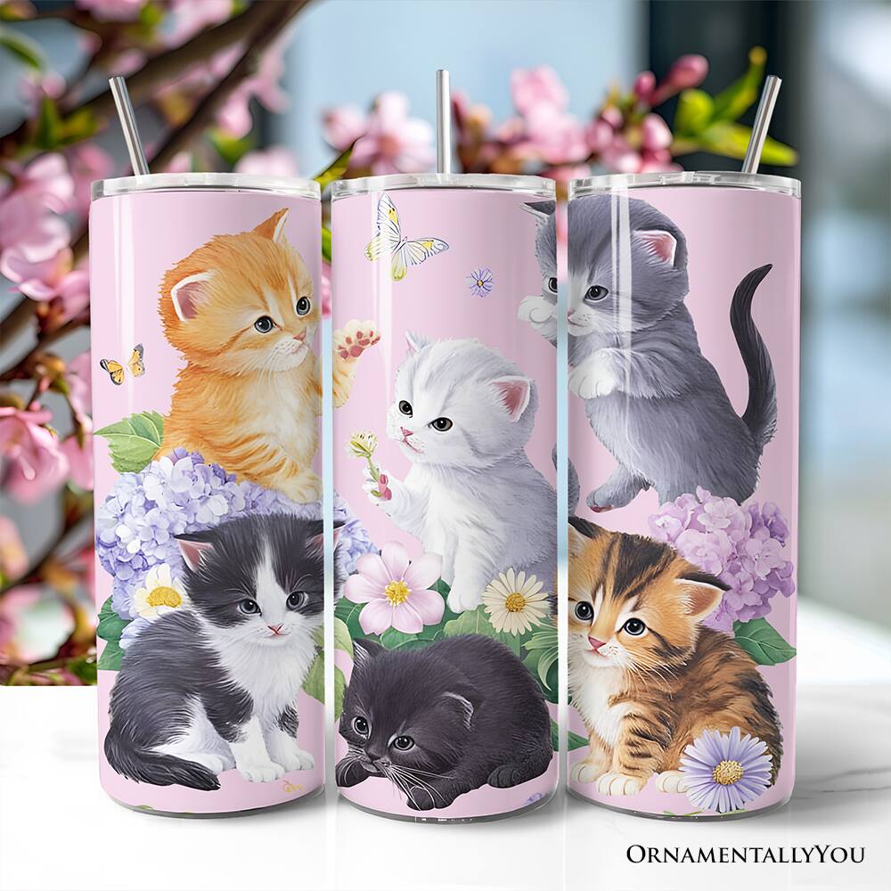 Back. OrnamentallyYou - Cute Kittens Wildflower 20oz Tumbler With Stainless Steel Straw, Cottagecore Botanical Cat Gift Cup - Multicolored.
