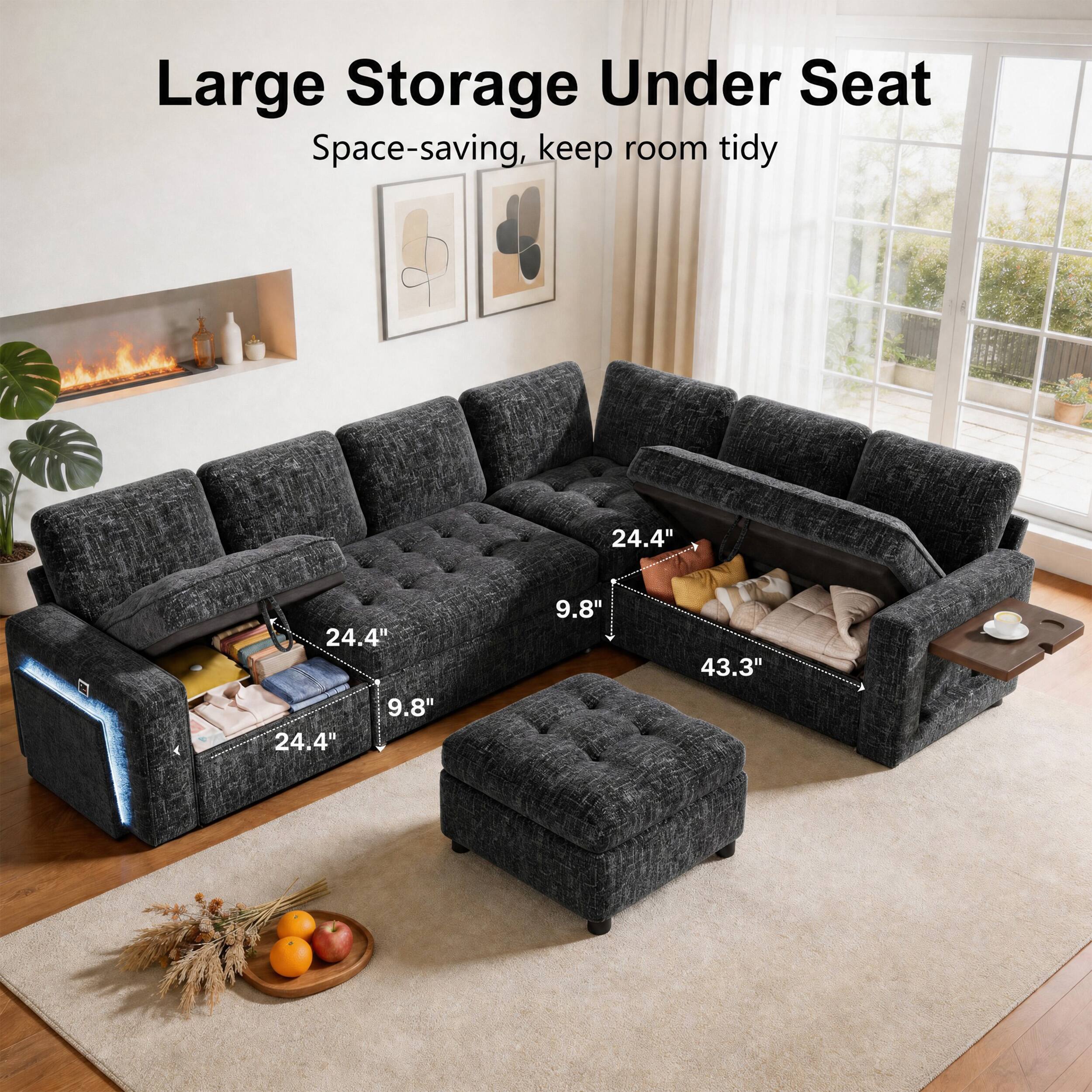 Large Storage Under Seat  
Space-saving, keep room tidy  

24.4"  
9.8"  
43.3"  
24.4"  
9.8"