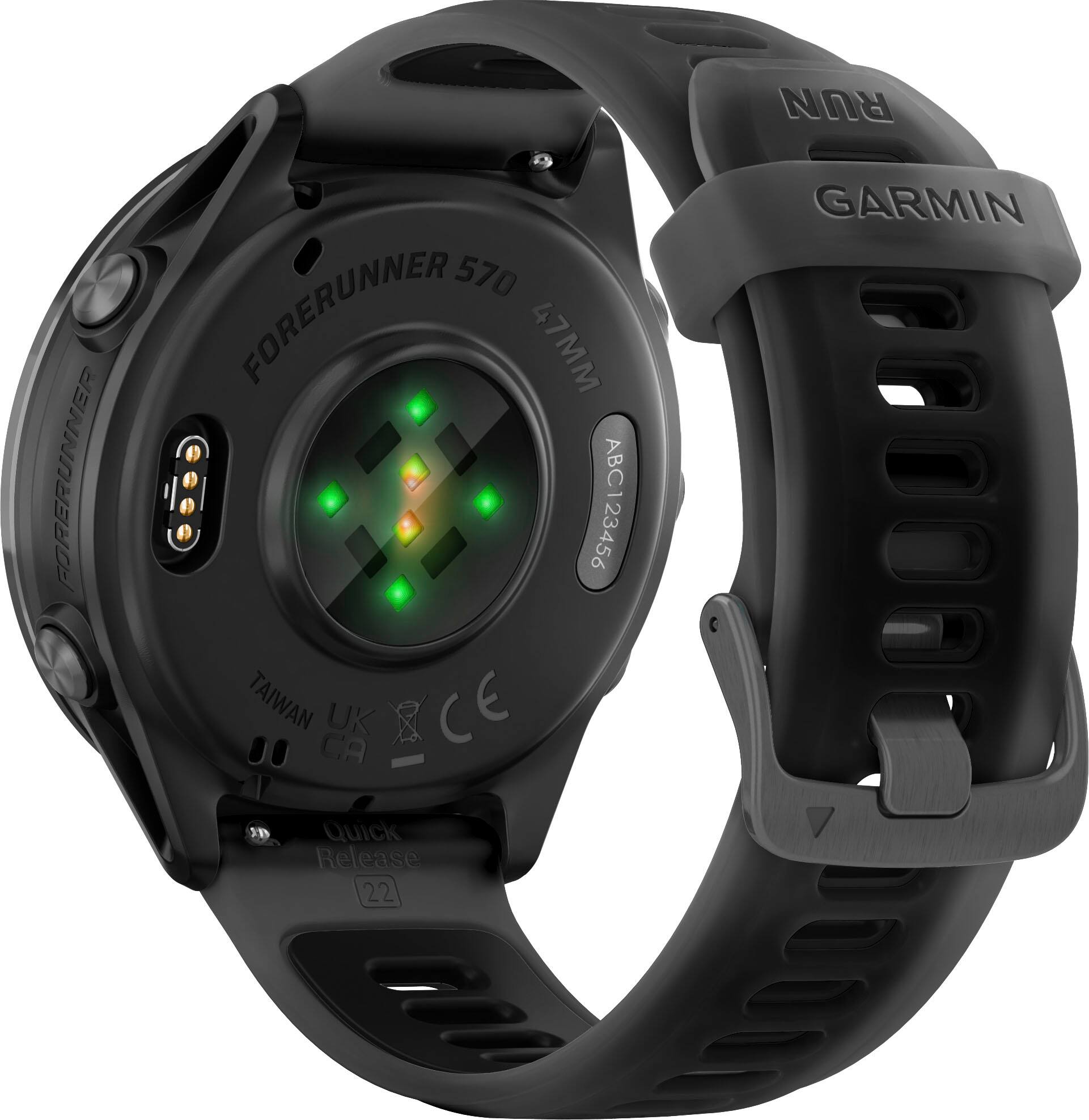 The text on the image reads "Forerunner 570 Forerunner 47mm BC ABC123456 Taiwan UK CE CA Run Garmin 30 Quick Release 22."