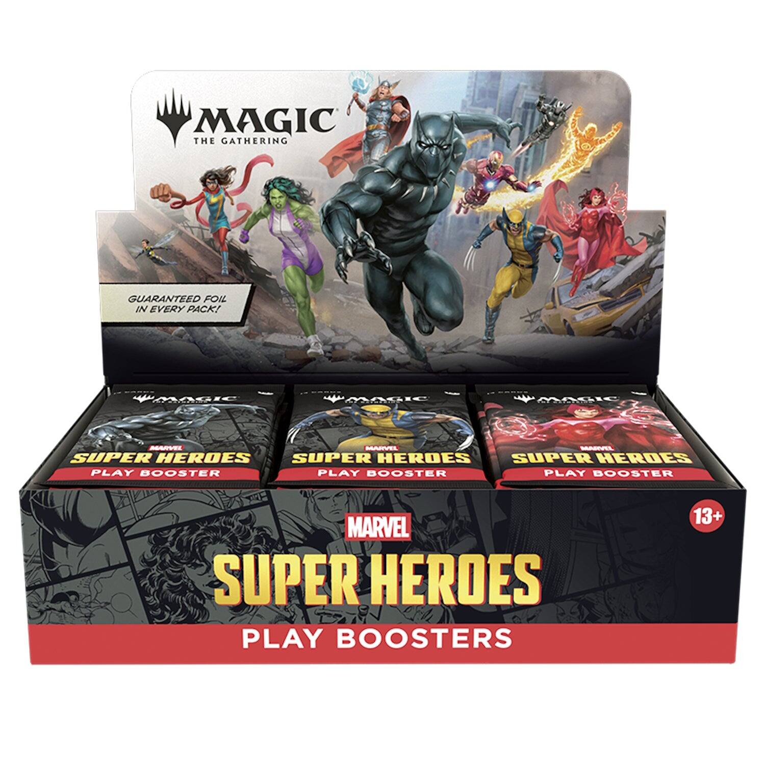 MAGIC THE GATHERING GUARANTEED FOIL IN EVERY PACK! MAGIC MASIe MAgIE ME MUNNEL SAAEEEL SUPER HEROES SUPER HEROES SUPER HEROES PLAY BOOSTER PLAY BOOSTER PLAY BOOSTER MARVEL SUPER HEROES PLAY BOOSTERS 13+