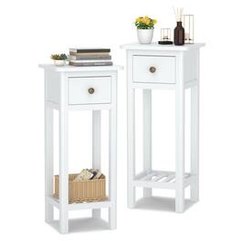 Costway - 2PCS 2 Tier End Bedside Sofa Side Table with Drawer Shelf Acacia Wood Nightstand - White