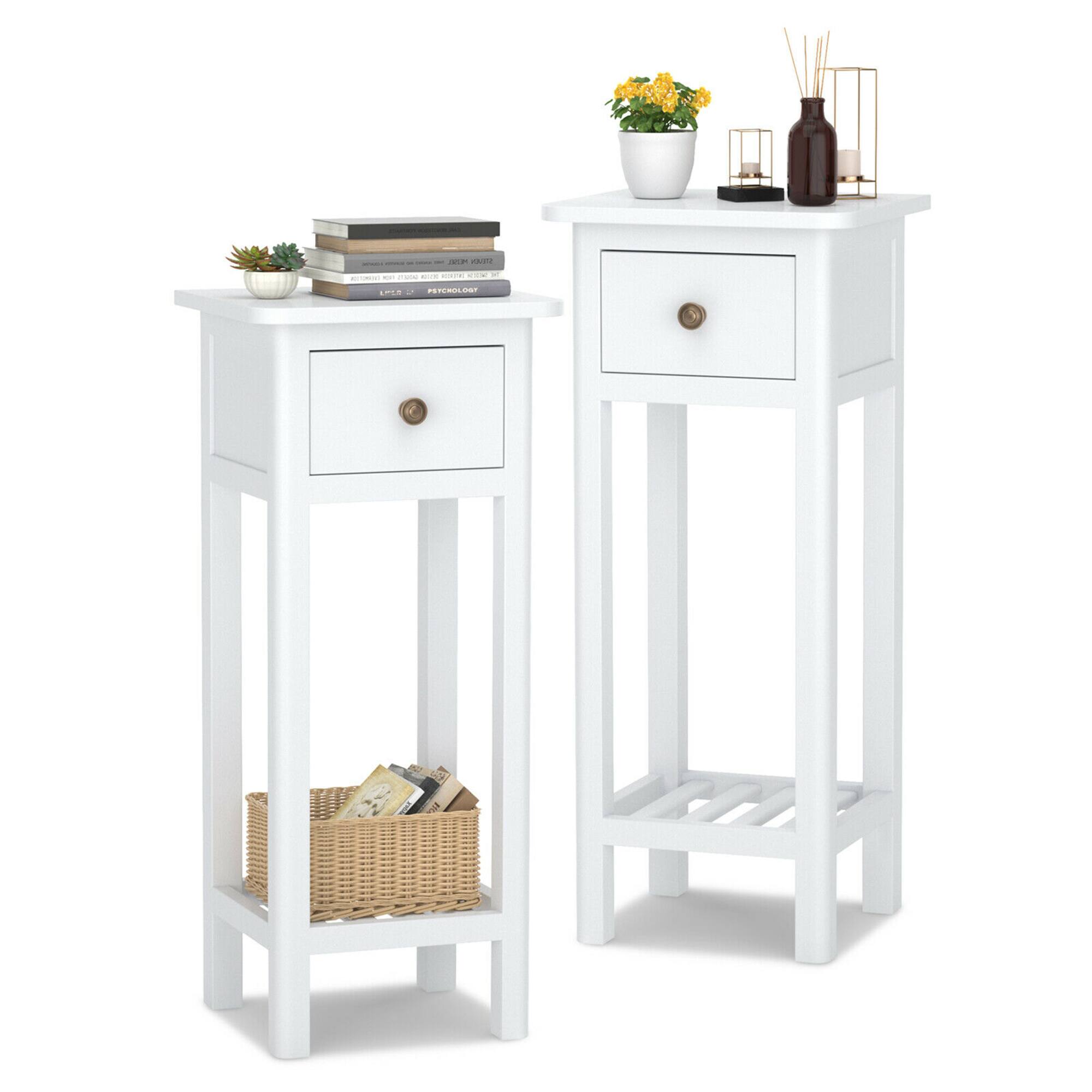 Front. Costway - Costway 2PCS 2 Tier End Bedside Sofa Side Table with Drawer Shelf Acacia Wood Nightstand - White.