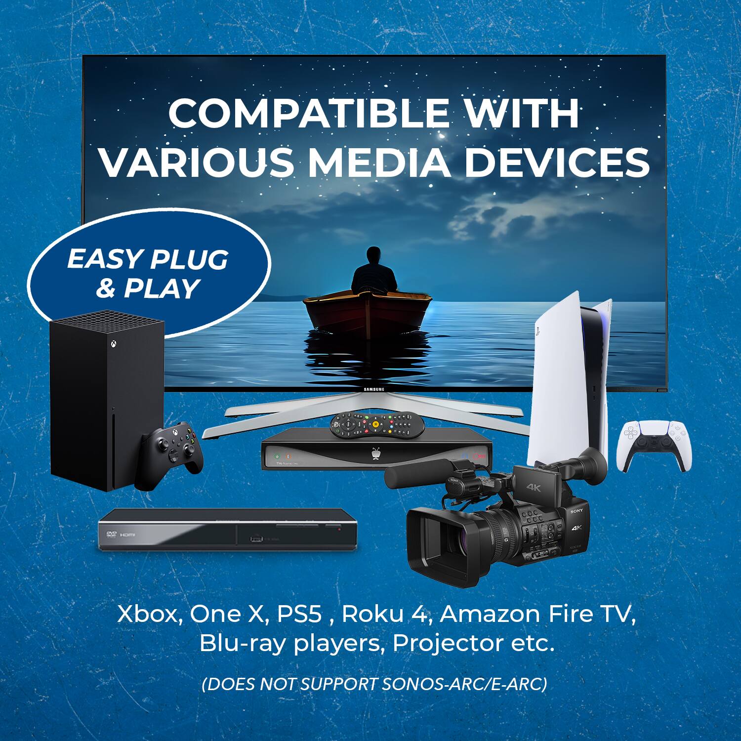 COMPATIBLE WITH VARIOUS MEDIA DEVICES EASY PLUG & PLAY ... b 4K 1... ! COC CCC - A Xbox, One X, PS5, Roku 4, Amazon Fire TV, Blu-ray players, Projector etc. (DOES NOT SUPPORT SONOS-ARC/E-ARC)