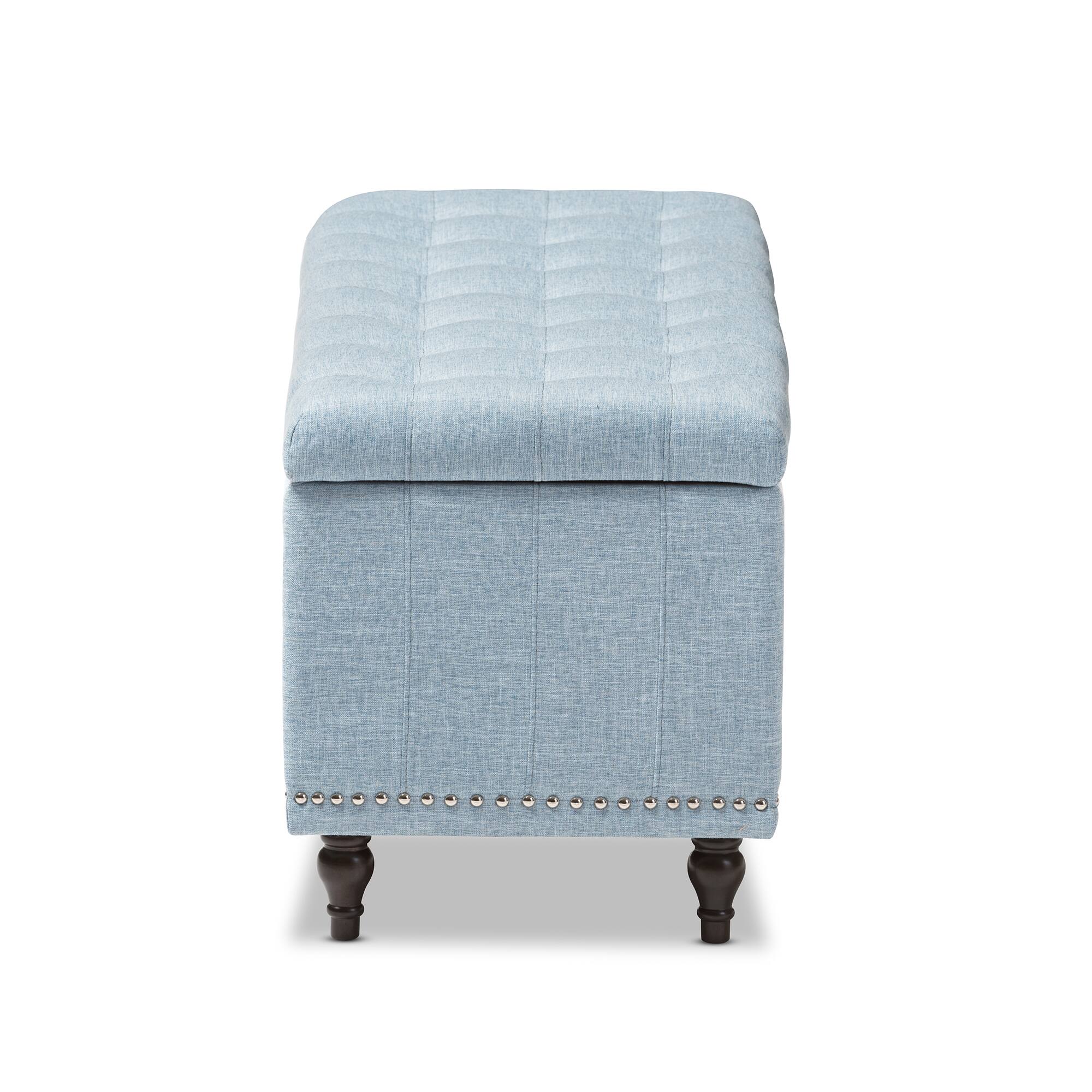 Back. Baxton Studio - Kaylee Modern Classic Fabric Upholstered Button-Tufting Storage Ottoman Bench - Light Blue.