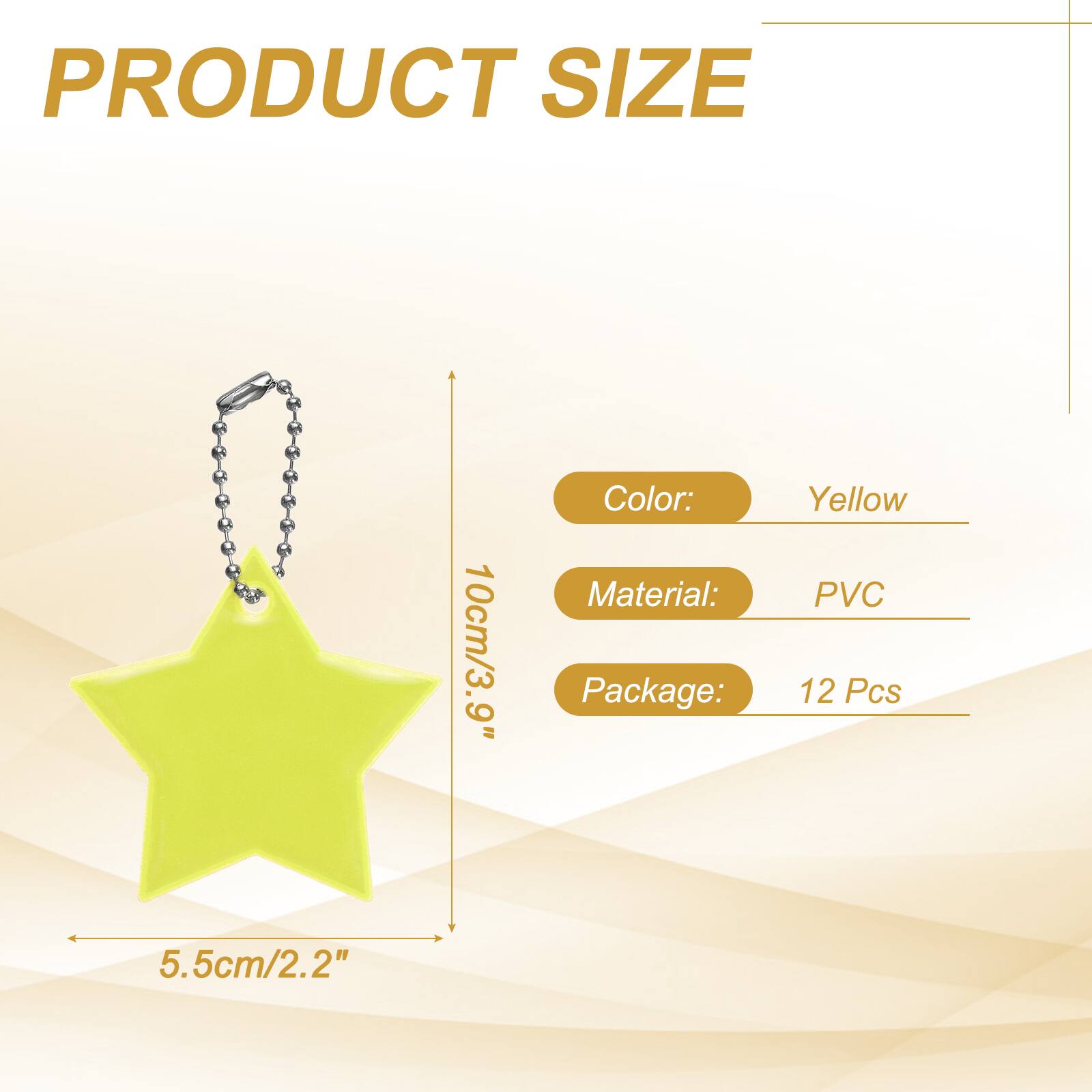 PRODUCT SIZE  
10cm/3.9" 9"  
Color: Yellow  
Material: PVC  
Package: 12 Pcs  
5.5cm/2.2"