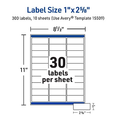 Label Size 1" x 2 5/8"

300 labels, 10 sheets (Use Avery® Template 15509)

8 1/2" x 11"

30 labels per sheet

1" x 2 5/8"