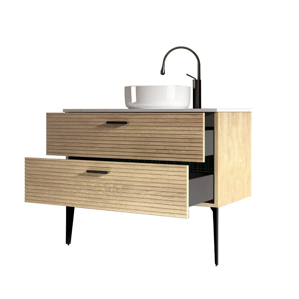 Alt View 4. Boyel Living - 36 Inch Striped Natural Oak Bathroom Vanity with Ceramic Sink, Freestanding Design, Modern Style, KD - Oak.