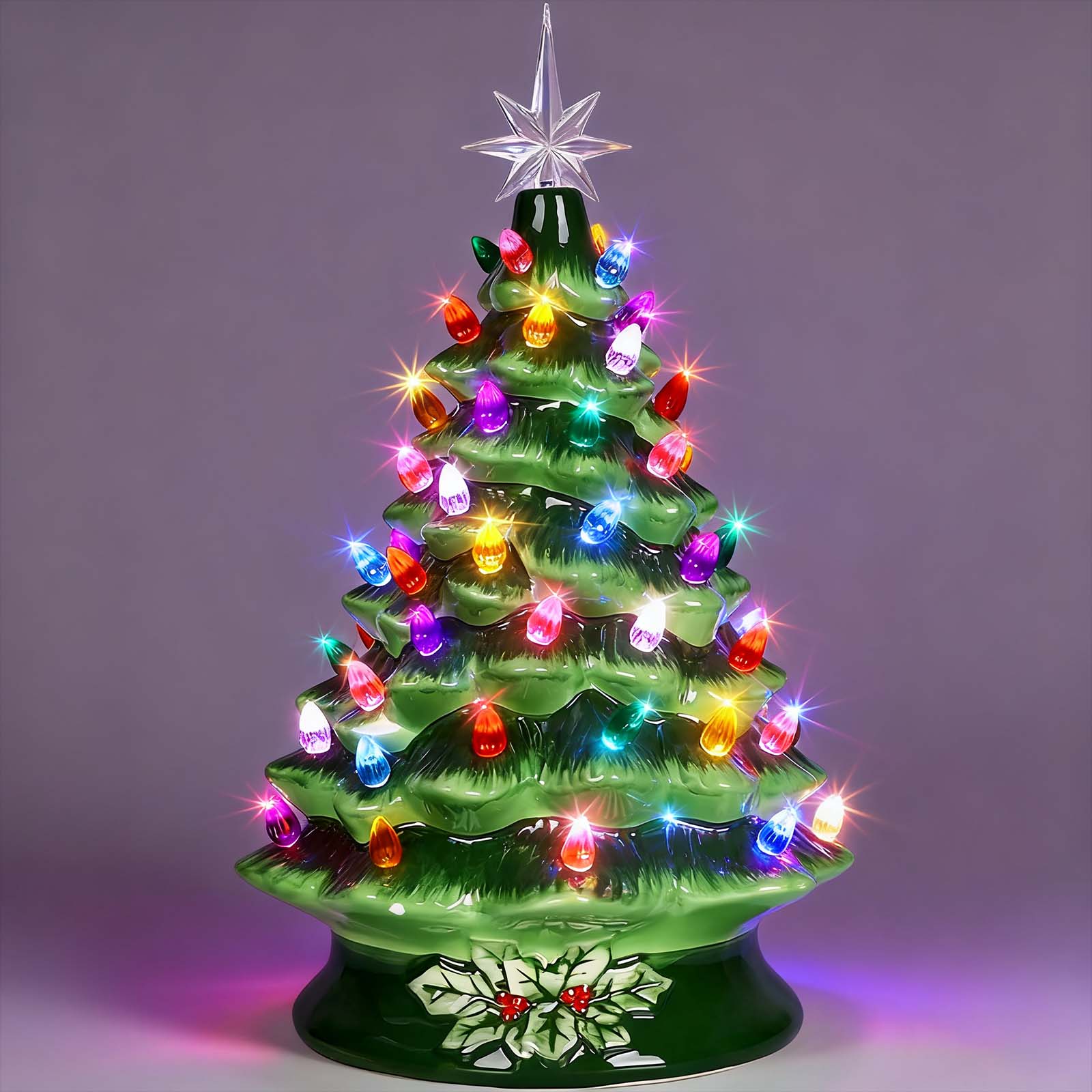 Alt View 5. Sugift - 15" Ceramic Christmas Tree Pre-lit Hand-Painted Tabletop Holiday Tree W/Power Cord - Green.