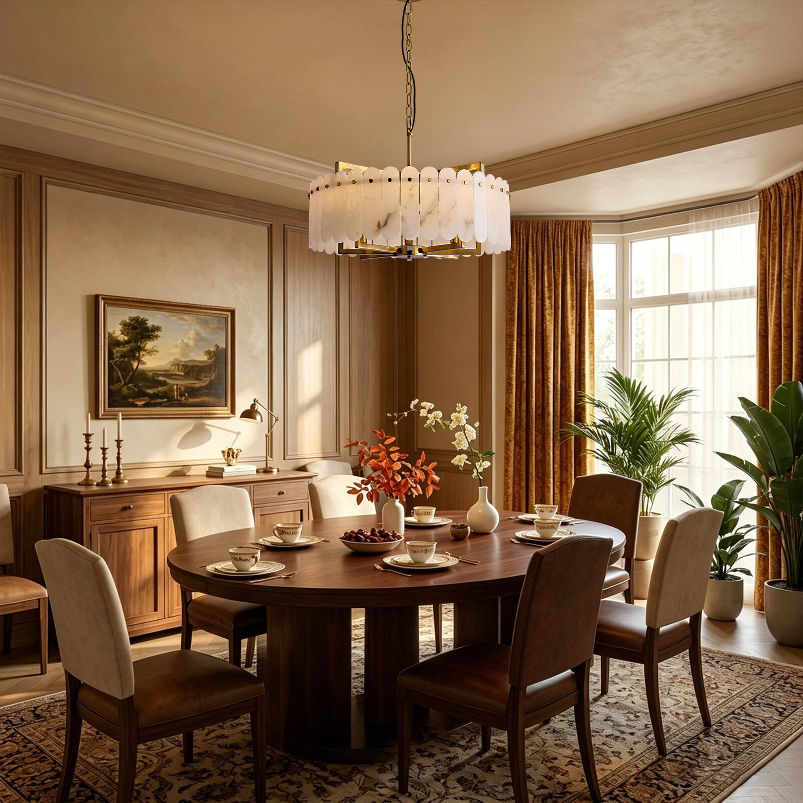 Back. Siljoy - 24 Inch Luxury Alabaster Drum Chandelier Brushed Gold Circular Pendant Light for Living Room Dining Room Bedroom - Brass.