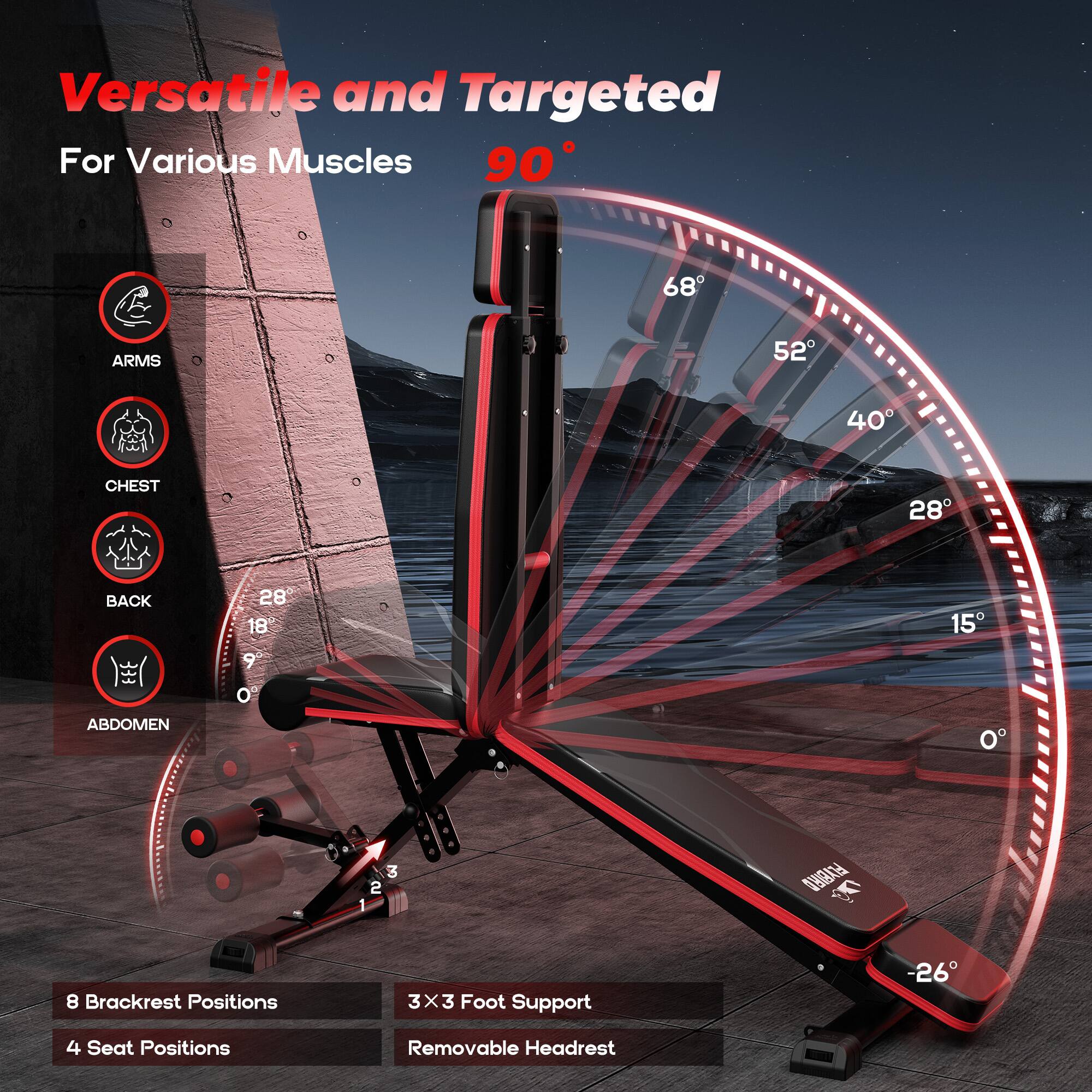 Versatile and Targeted  
For Various Muscles  

90°  
68°  
52°  
40°  
28°  
18°  
9°  
0°  

ARMS  
CHEST  
BACK  
ABDOMEN  

8 Backrest Positions  
4 Seat Positions  
3x3 Foot Support  
Removable Headrest