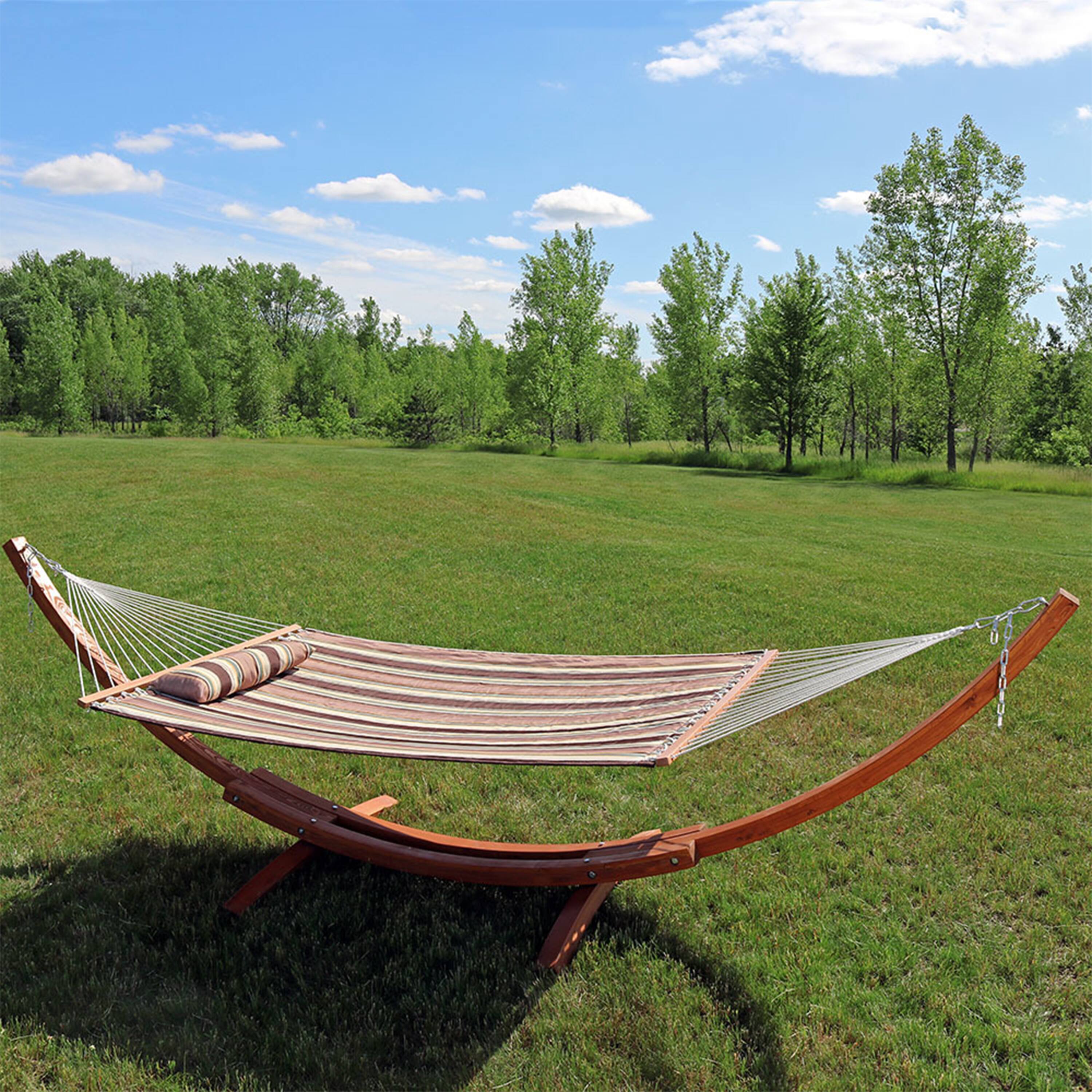 Alt View 3. Sunnydaze - 2-Person Quilted Hammock with Curved 13' Stand - Sandy Beach.
