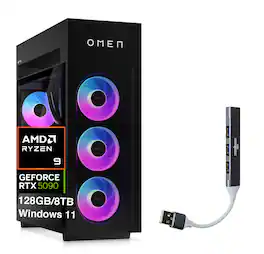 HP - Upgraded - OMEN MAX 45L Desktop PC (Ryzen 9 9900X3D, 128GB, 8TB SSD, GeForce RTX 5090, WiFi 7, Win 11 Pro) w/USB Hub - Shadow Black