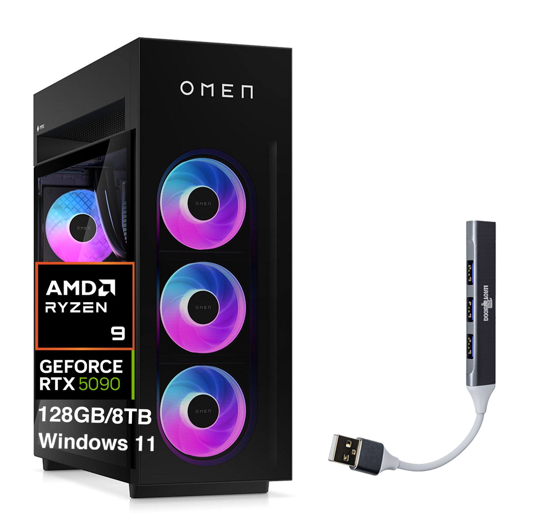 HP - Upgraded - OMEN MAX 45L Desktop PC (Ryzen 9 9900X3D, 128GB, 8TB SSD, GeForce RTX 5090, WiFi 7, Win 11 Pro) w/USB Hub - Shadow Black
