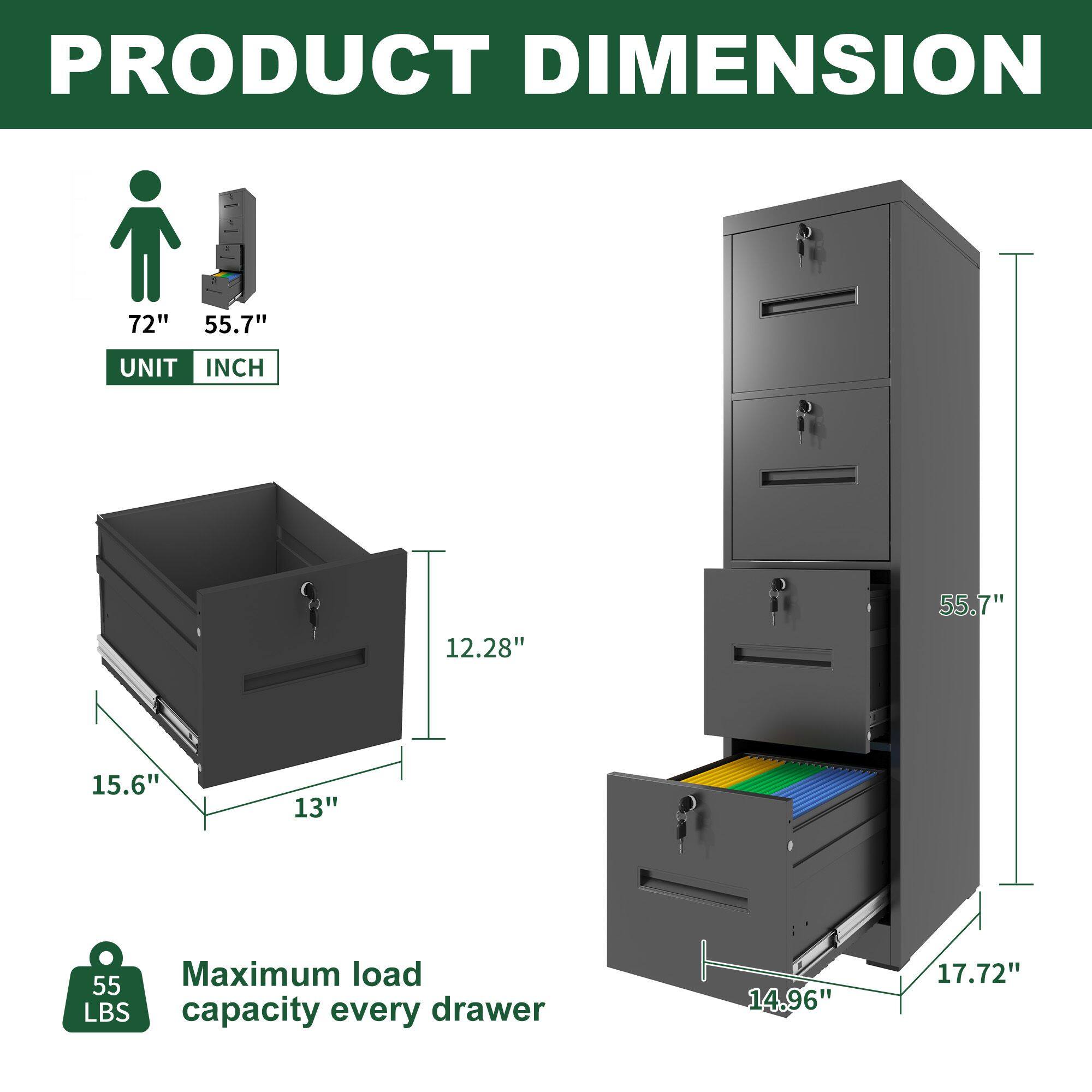 PRODUCT DIMENSION

UNIT INCH

72" 55.7"

15.6" 13" 12.28"

55.7" 17.72" 14.96"

Maximum load capacity every drawer 55 LBS