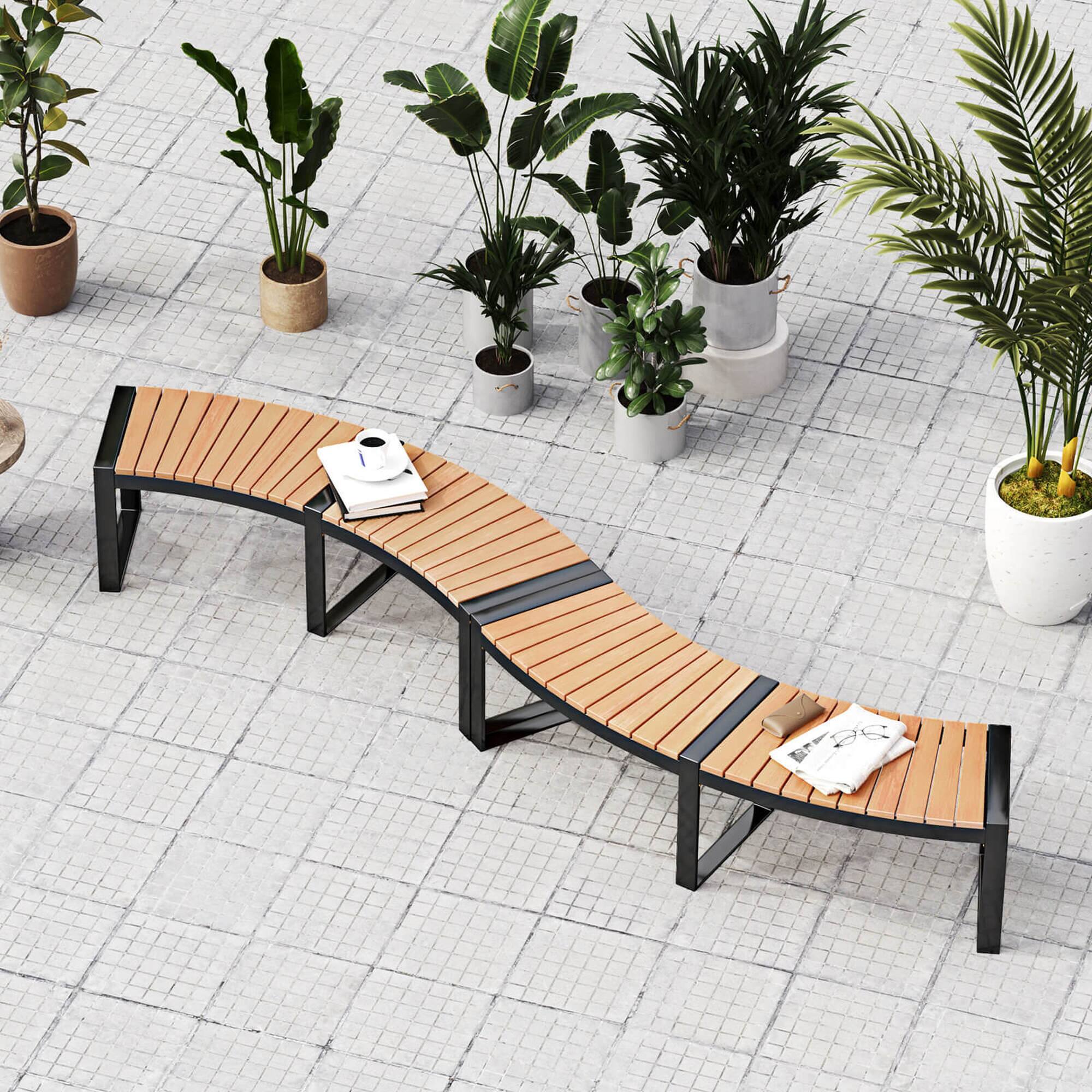 Alt View 3. Costway - Backless 2-Person Patio Curved Bench with Slatted Seat & Metal Legs Oil Painted - Yellow, Black.