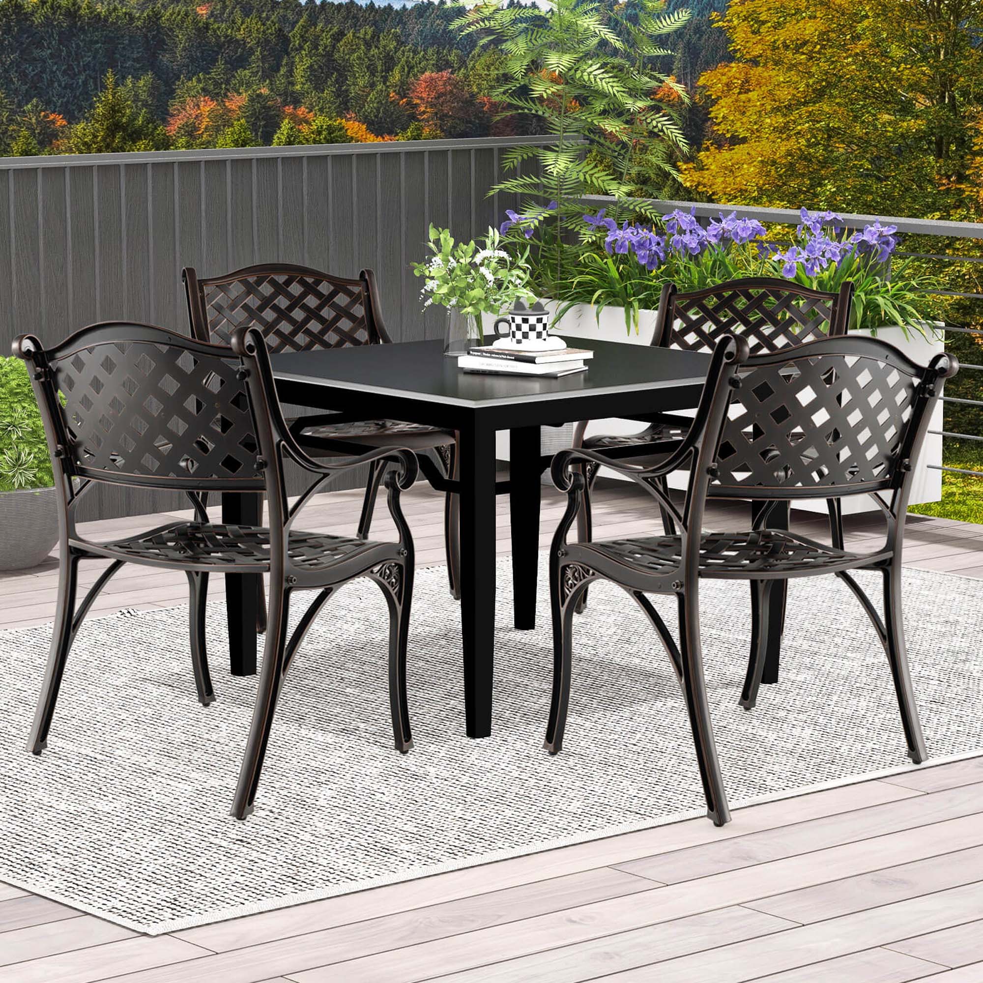 Back. Costway - 4 PCS Cast Aluminum Patio Chairs Set of 4 All Weather Outdoor Dining Chairs with Armrests - Bronze.