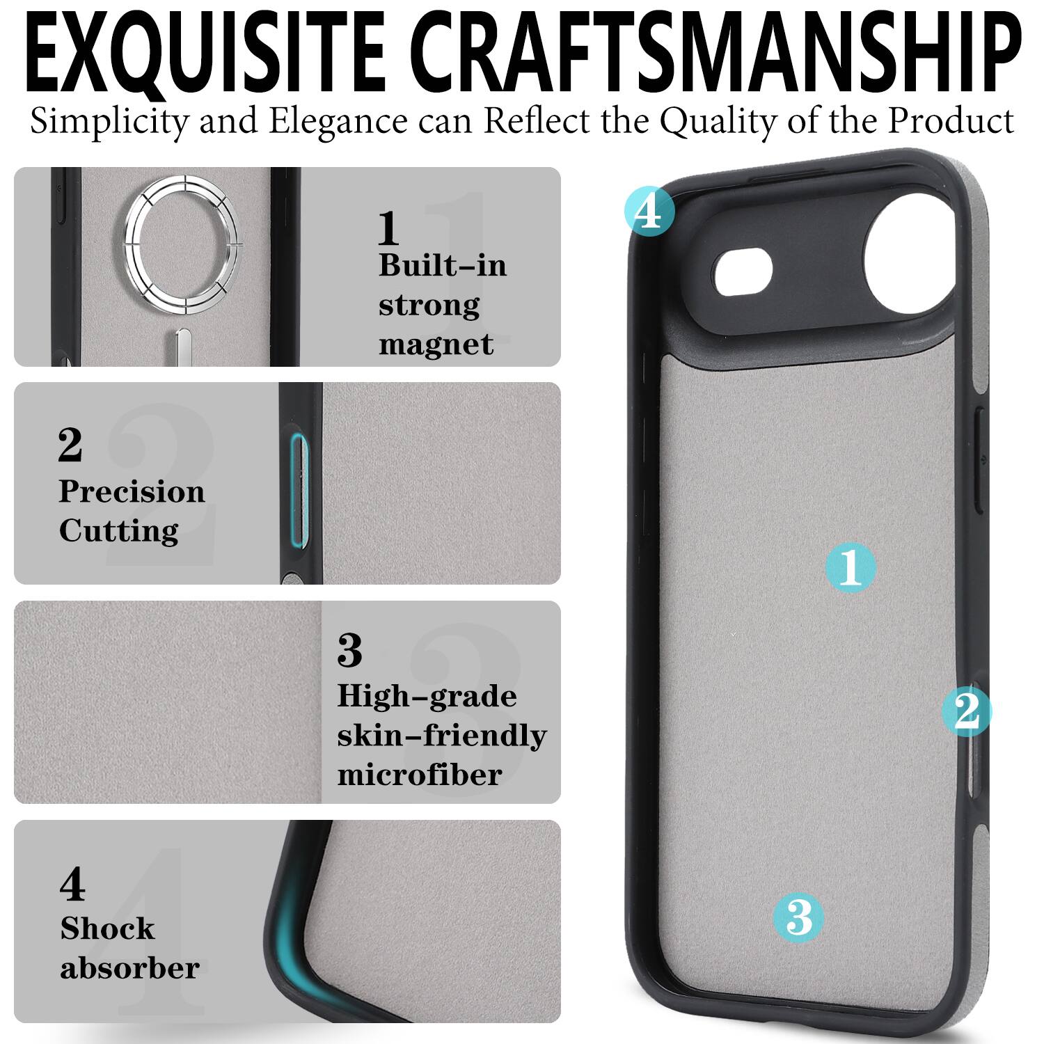 EXQUISITE CRAFTSMANSHIP  
Simplicity and Elegance can Reflect the Quality of the Product

1. Built-in strong magnet  
2. Precision Cutting  
3. High-grade skin-friendly microfiber  
4. Shock absorber