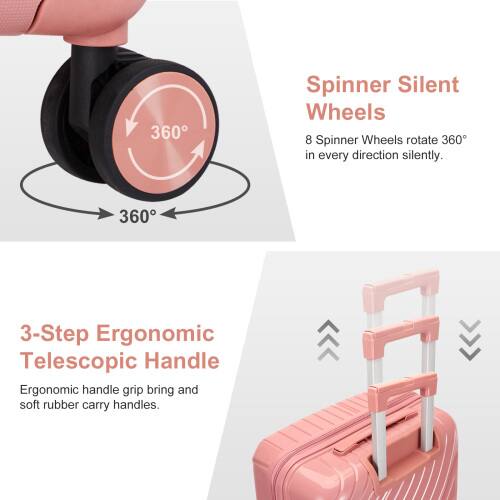360° 3-Step Ergonomic Telescopic Handle  
Ergonomic handle grip with soft rubber carry handles.  

Spinner Silent Wheels  
8 Spinner Wheels rotate 360° in every direction silently.