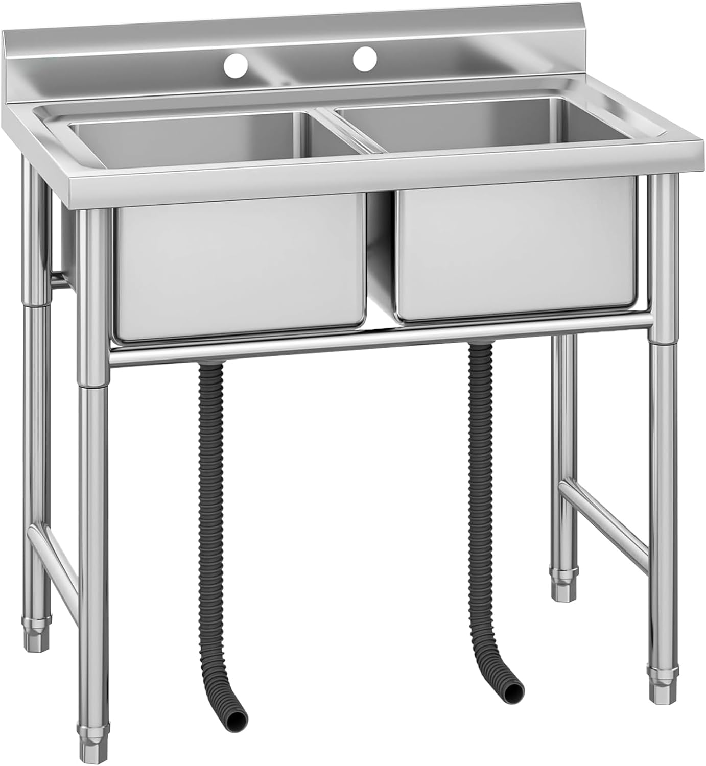 Front. Acekool - Stainless Steel Utility 2 Sink with Backsplash, Freestanding Commercial Sink for Kitchen & Workshop - Silver.