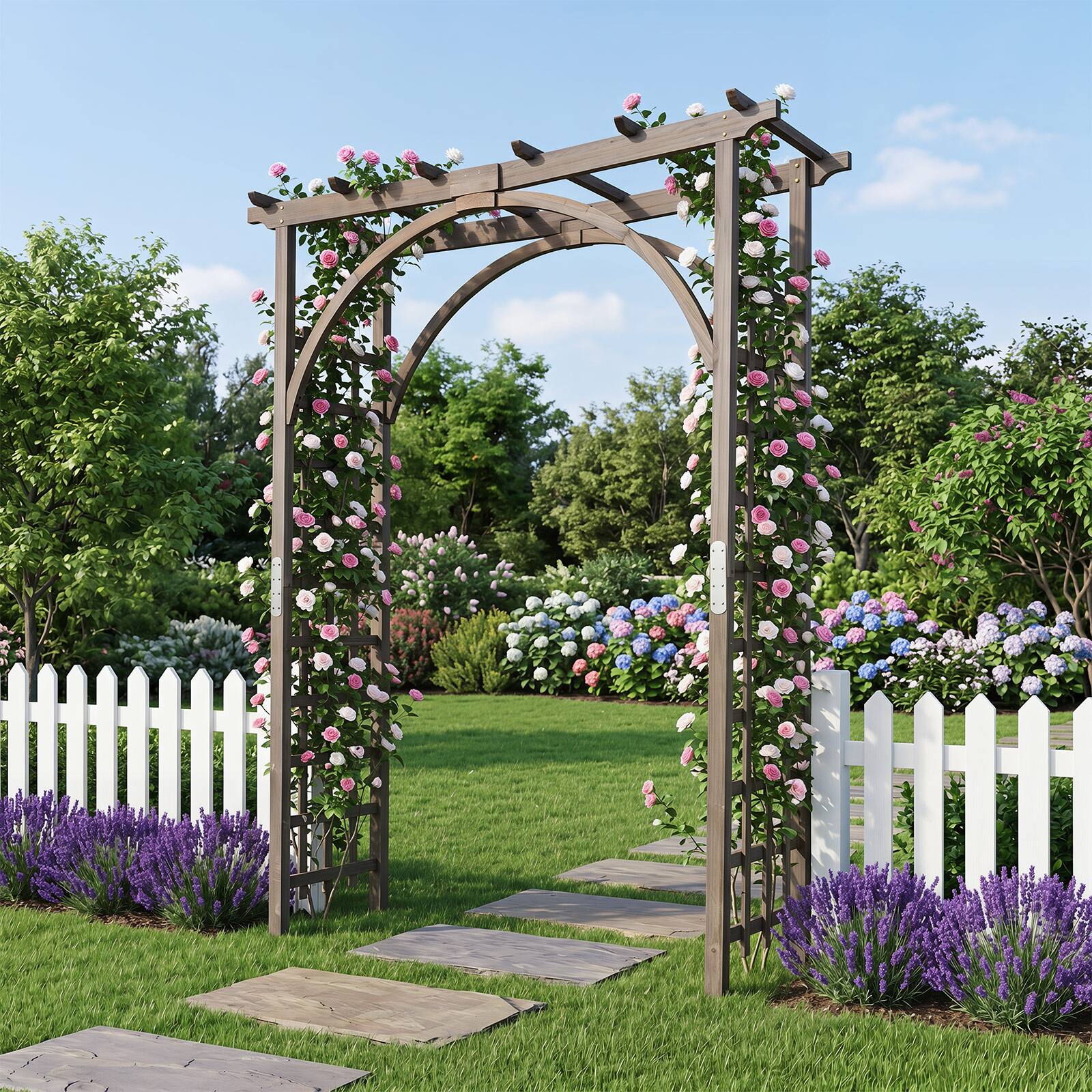 Alt View 4. Gymax - Gymax Flat Top Garden Arch Trellis 85'' Tall Wood Garden Arbor for Climbing Plants - Brown.