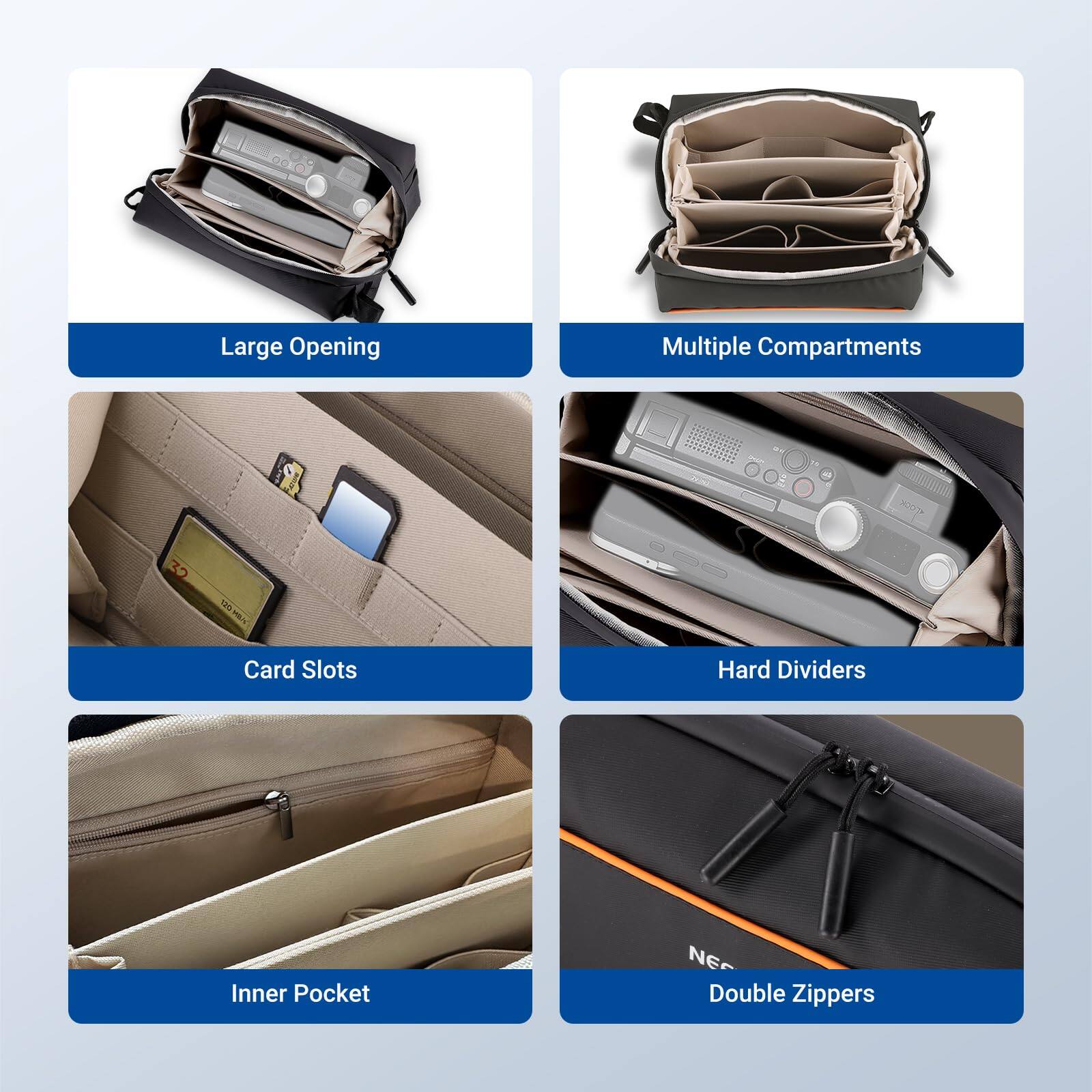 Large Opening  
Multiple Compartments  
Card Slots  
Hard Dividers  
Inner Pocket  
Double Zippers