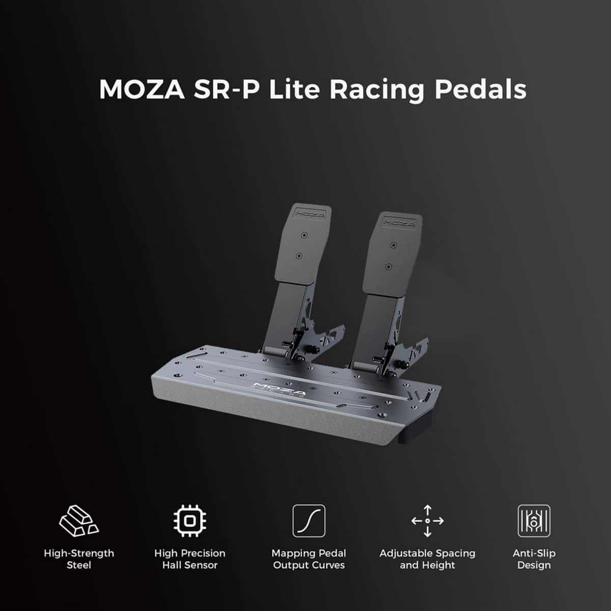 MOZA SR-P Lite Racing Pedals are designed with high-strength steel and feature a high-precision hall sensor for accurate pedal input. The pedals offer adjustable pedal output curves, allowing for customization of the pedal's responsiveness. The spacing and height of the pedals can also be adjusted for optimal comfort and ergonomics. Additionally, the pedals are equipped with an anti-slip design to prevent slipping during intense gaming sessions.
