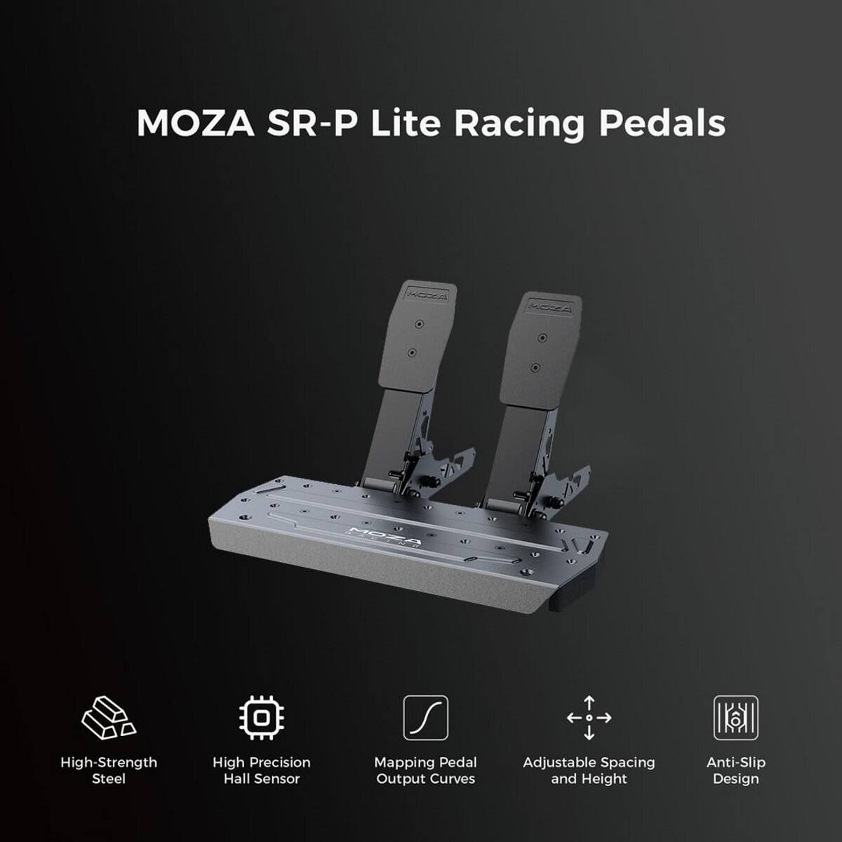 MOZA SR-P Lite Racing Pedals are designed with high-strength steel and feature a high-precision hall sensor for accurate pedal input. The pedals offer adjustable pedal output curves, allowing for customization of the pedal's responsiveness. The spacing and height of the pedals can also be adjusted for optimal comfort and ergonomics. Additionally, the pedals are equipped with an anti-slip design to prevent slipping during intense gaming sessions.
