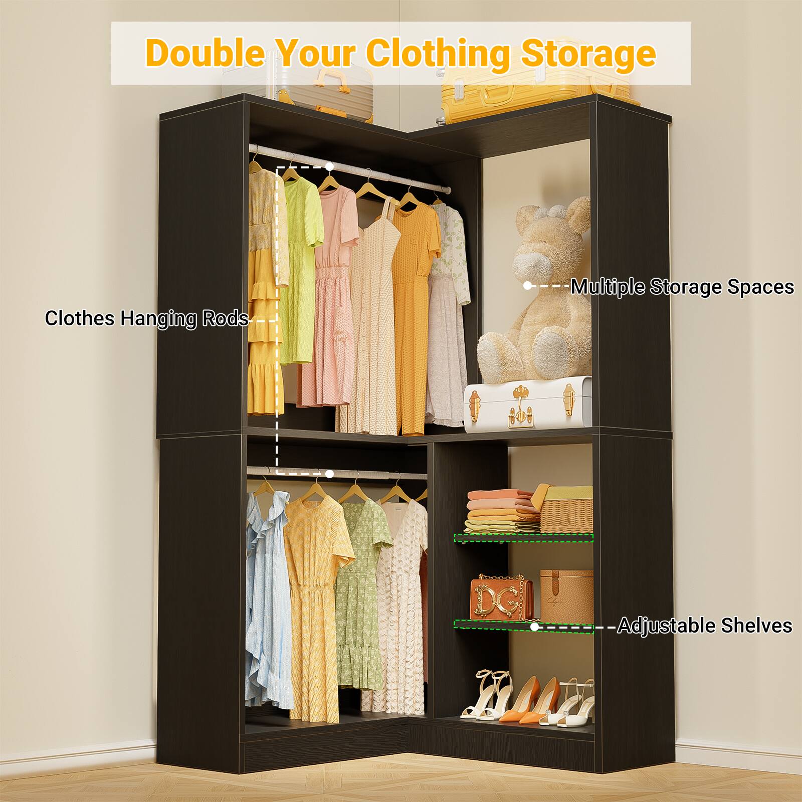 Double Your Clothing Storage

Clothes Hanging Rods

Multiple Storage Spaces

Adjustable Shelves