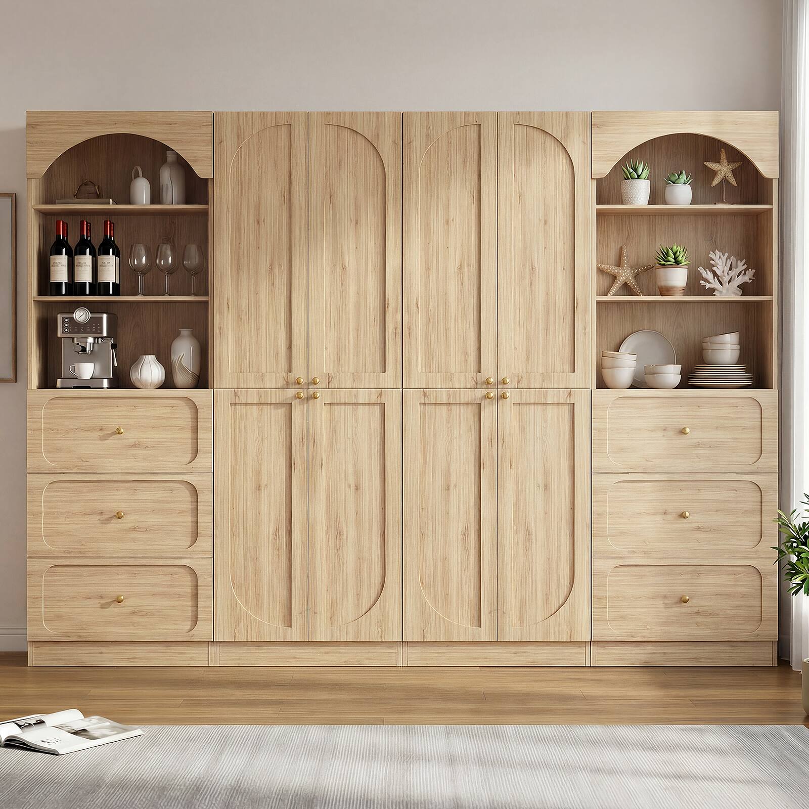 Alt View 2. Aheaplus - 80" Arched Kitchen Pantry Sets: Wooden Cupboard, 3 Drawers, 9-Tier Shelves, Kitchen/Living Room ,Ships in 2 Packages - Natural Oak.