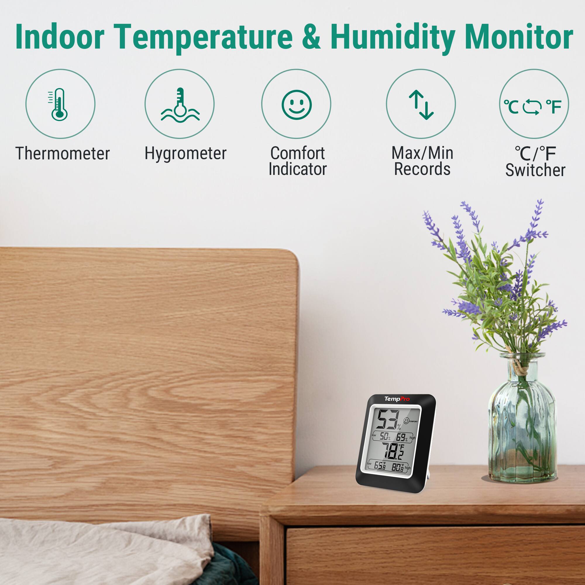Indoor Temperature & Humidity Monitor

- Thermometer
- Hygrometer
- Comfort Indicator
- Max/Min Records
- °C/°F Switcher

Temp: 53°F
Humidity: 69%
Comfort: 183
Max Temp: 50°F
Min Temp: 65°F
Max Humidity: 80%