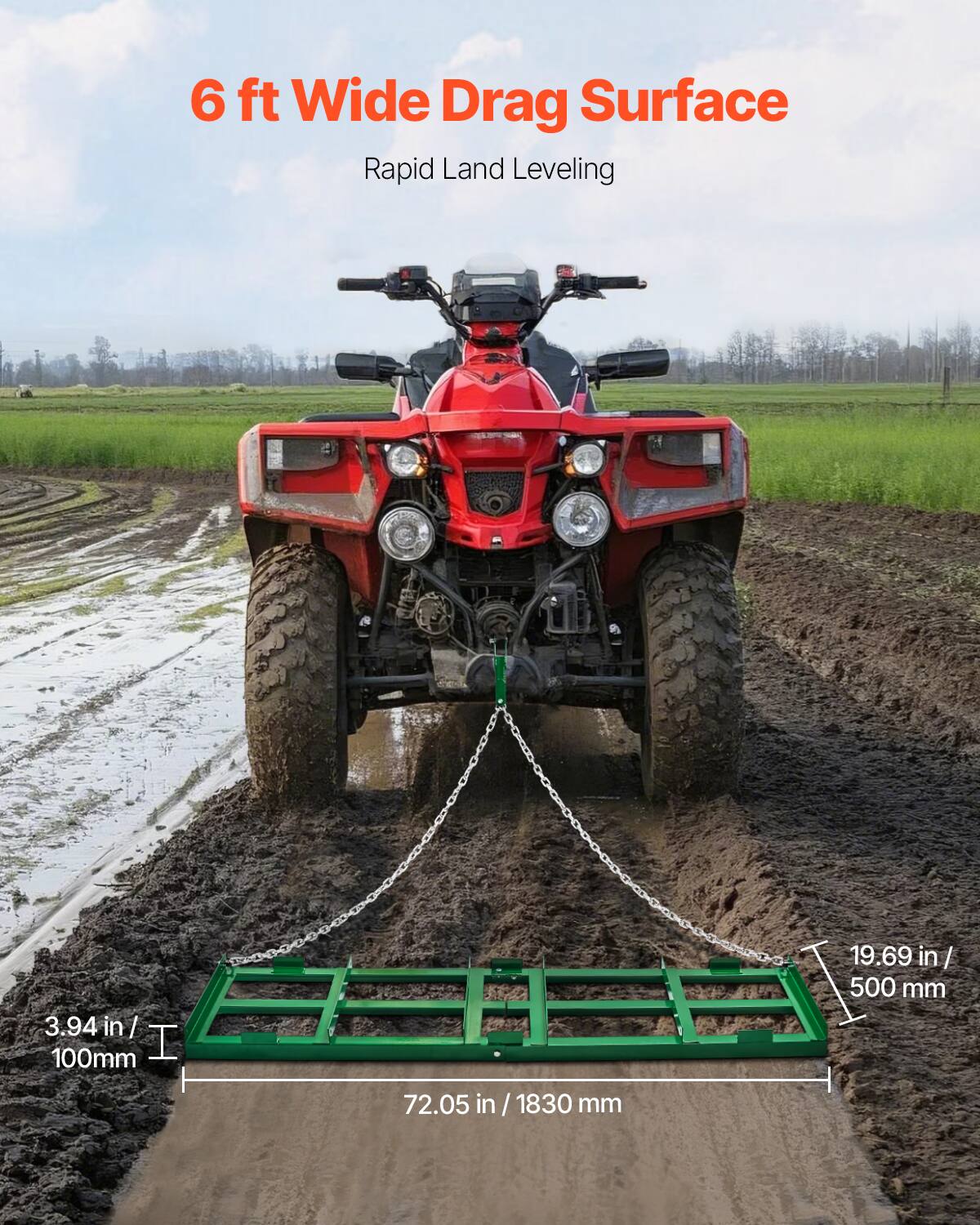 VEVOR - Drag Harrow, 6 ft Heavy Duty Tow Behind Drag Harrow with Adjustable Bars & 72 in Chain, Driveway Grader Landscape Rake - Green - Thumbnail 3