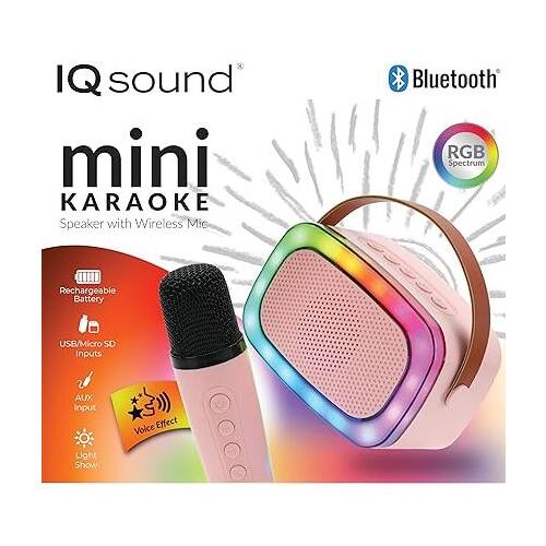 IQ sound mini KARAOKE Speaker with Wireless Mic Bluetooth RGB Spectrum Rechargeable Battery USB/Micro SD Inputs AUX Input Voice Effect Light Show