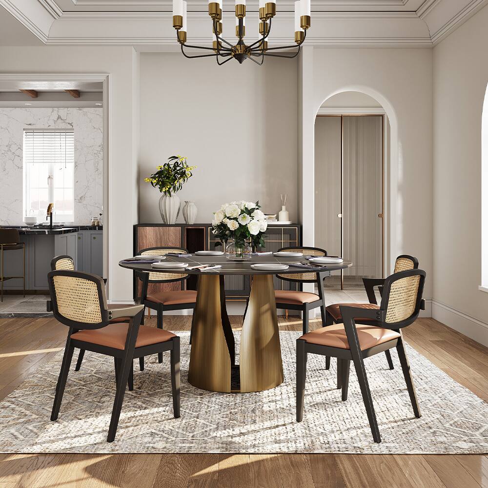 Angle. POVISON - 59" Modern Luxury Black Round Dining Table for 6, Matte Sintered Stone Tabletop, Bronze Carbon Steel Base - Black & Bronze.