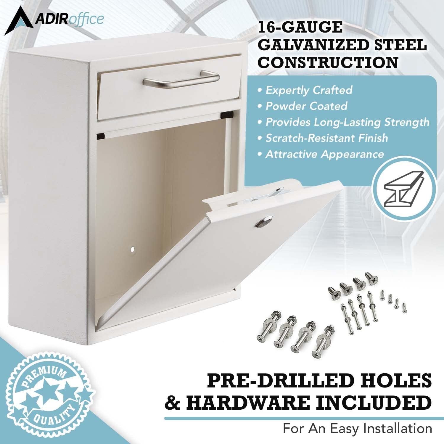 ADIRoffice, 16-GAUGE GALVANIZED STEEL CONSTRUCTION, Expertly Crafted, Powder Coated, Provides Long-Lasting Strength, Scratch-Resistant Finish, Attractive Appearance, PREMIUM QUALITY, PRE-DRILLED HOLES & HARDWARE INCLUDED, For An Easy Installation