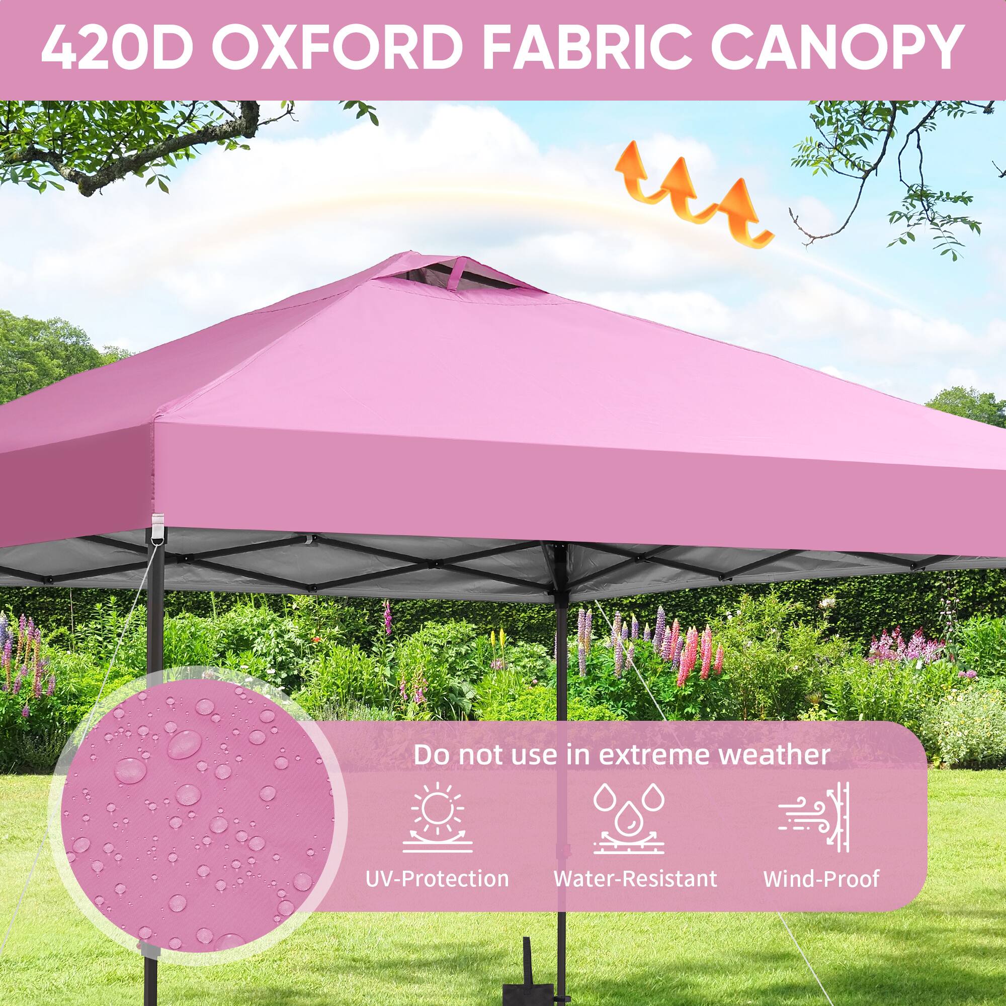 420D OXFORD FABRIC CANOPY

Do not use in extreme weather

UV-Protection Water-Resistant Wind-Proof