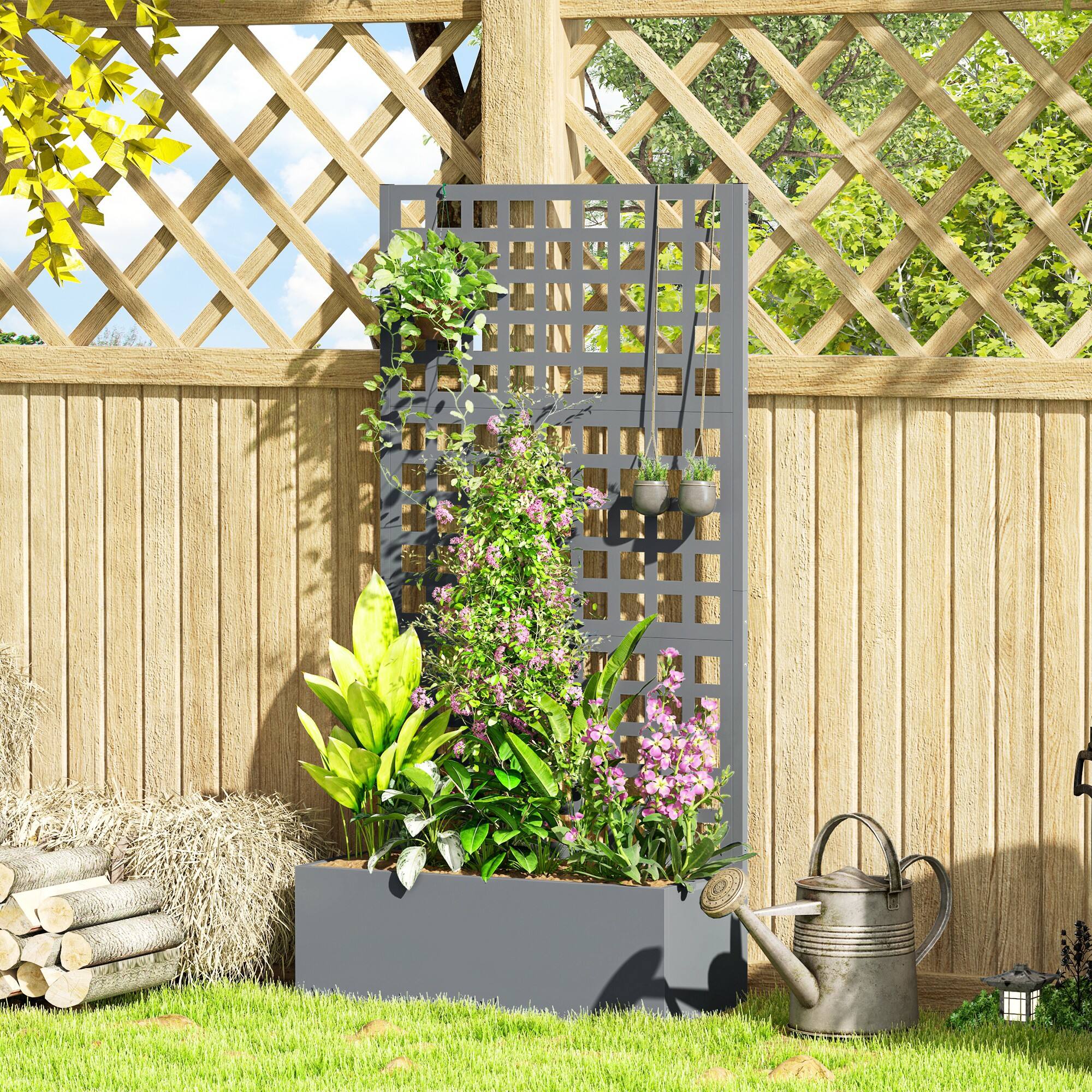 Alt View 1. Outsunny - Raised Garden Bed Planter Box with Trellis for Climbing Plants, Vegetable, Vines - Gray.