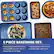 5 PIECE BAKEWARE SET. Large Baking Sheet: 11.5" x 17.2" x 1" 12 Cup Muffin Pan: 13.7" x 10" x 1" Round Pan: 9" x 1.5" Deep Square Bake Pan: 9.5" x 9.5" x 2" Loaf Pan: 9.25" x 5.25" x 2.75"