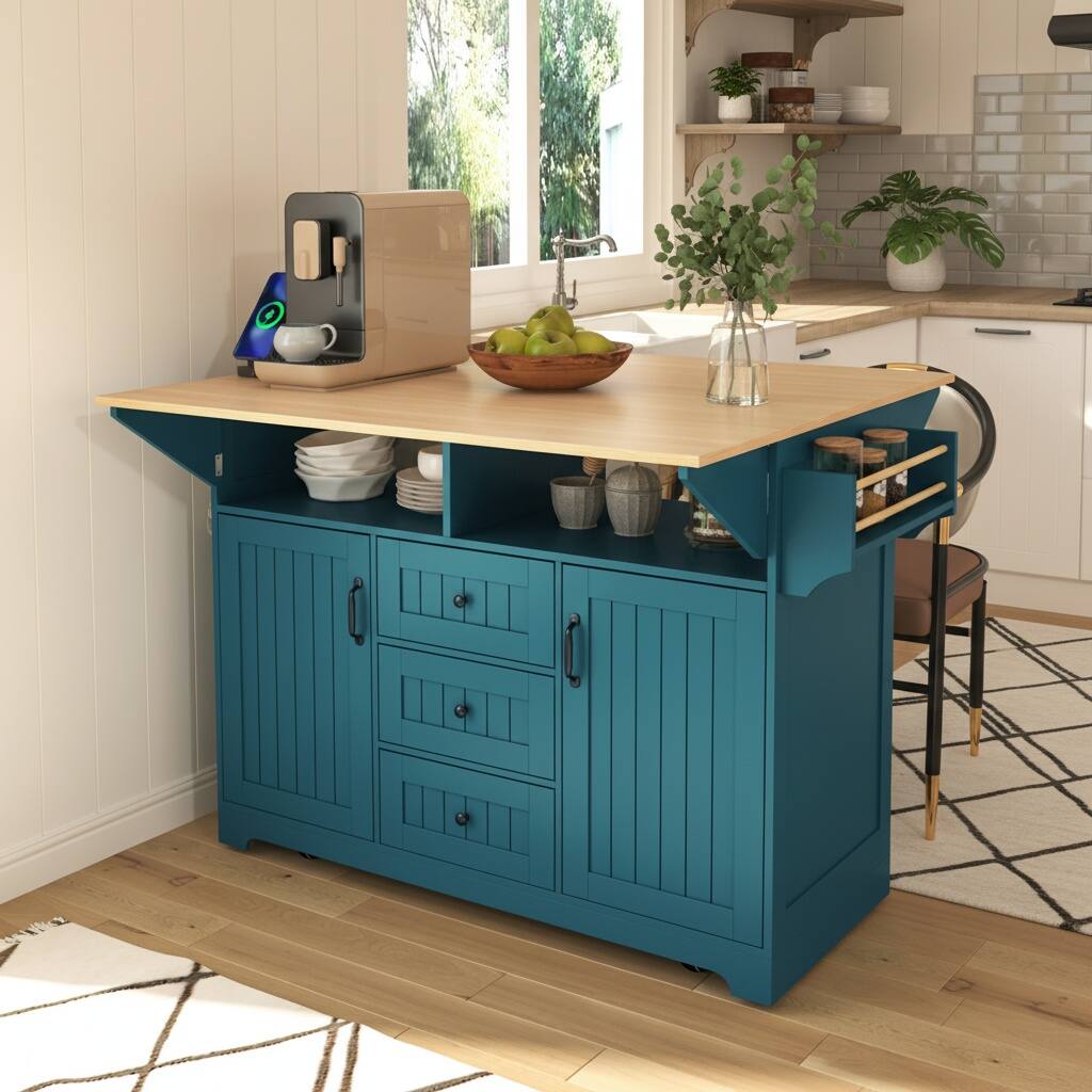 Left. Forest'nSky - 55.7" Rolling Kitchen Island with 2 Drop-Leaf Tables – Power Outlet, 3 Drawers, Spice & Towel Racks, Green - Green.