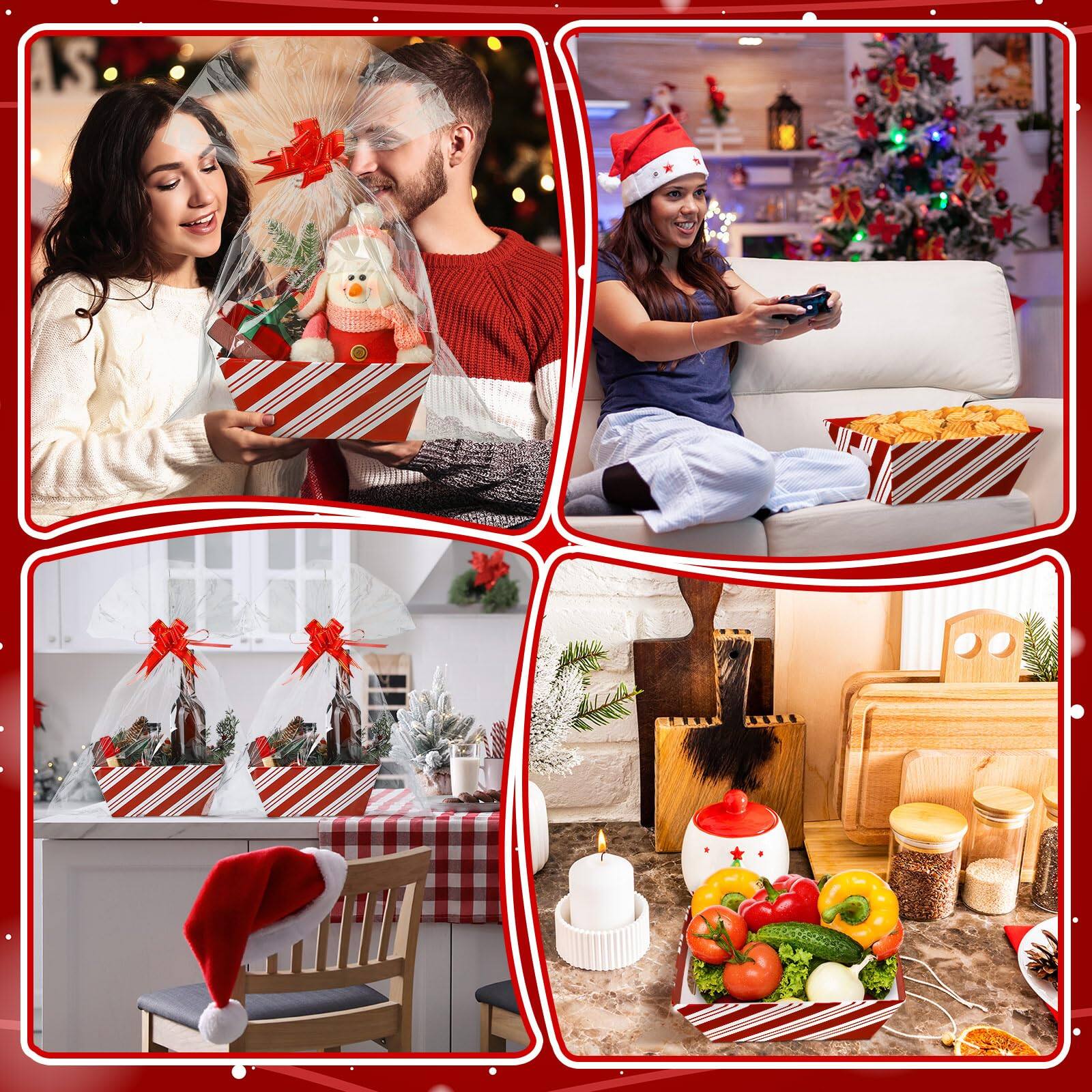 Alt View 4. Paradigms Interiors - 24 Christmas Baskets For Gift Empty Diy Bulk 8" X 10" Candy Cane Striped Basket Kit With 8 Bags And Bows To... - Red-Candy Cane Striped.