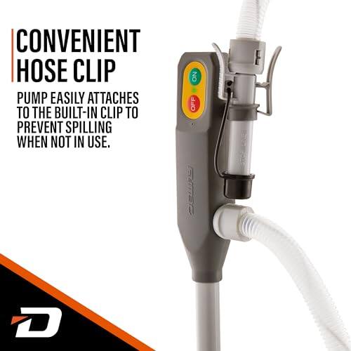 CONVENIENT HOSE CLIP PUMP EASILY ATTACHES TO THE BUILT-IN CLIP TO PREVENT SPILLING WHEN NOT IN USE. NO OFF D