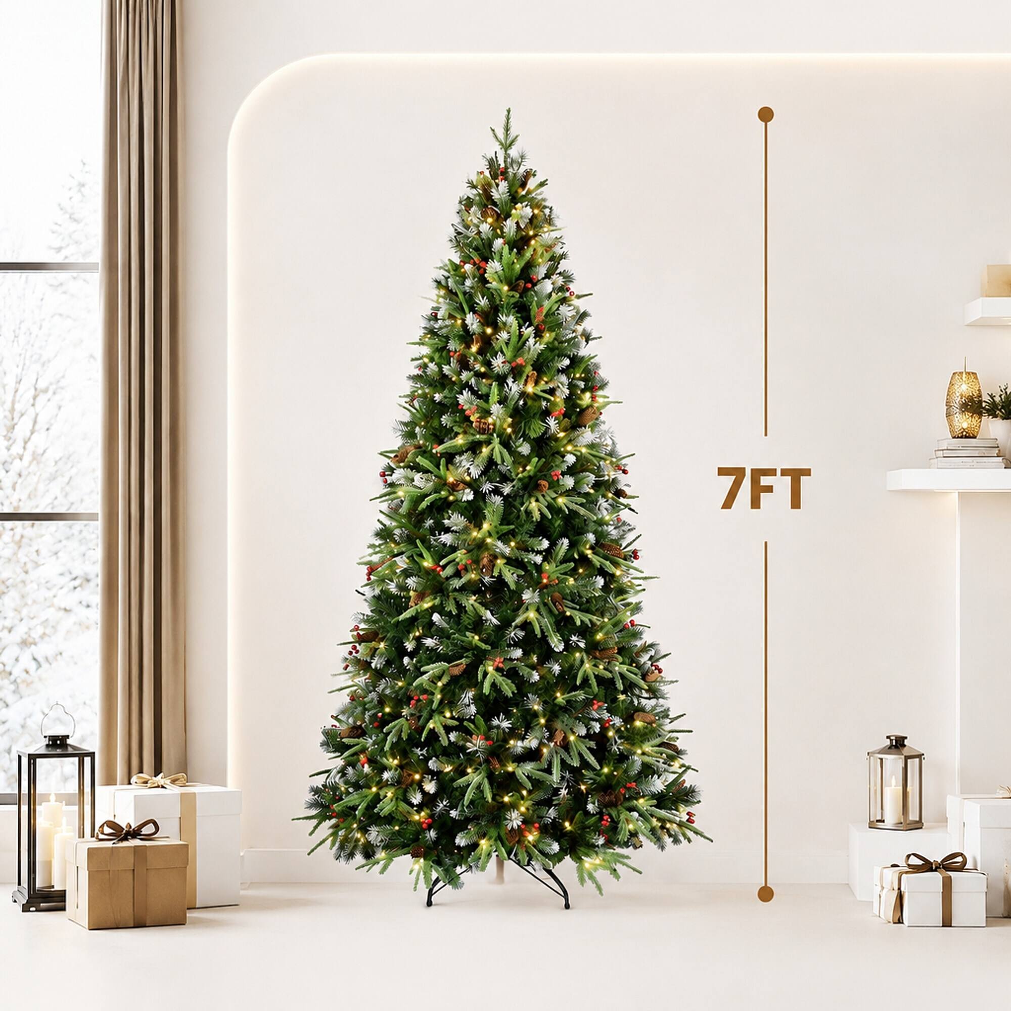 Alt View 3. RYHNUYNE - 7FT Pre-Lit Christmas Tree,450 Warm White LED Lights 2178 Snow-Tipped Branches Red Berries Pine Cones Metal Stand - Green,White.