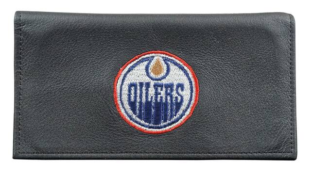 Front. Rico Industries - Edmonton Oilers NHL Black Leather Embroidered Checkbook Cover - Multi.