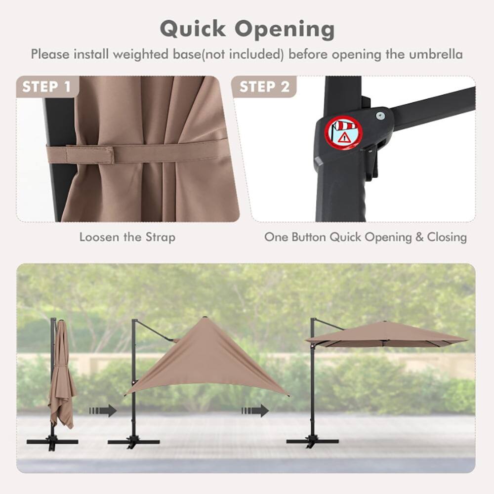 Quick Opening

Please install weighted base (not included) before opening the umbrella

STEP 1
Loosen the Strap

STEP 2
One Button Quick Opening & Closing