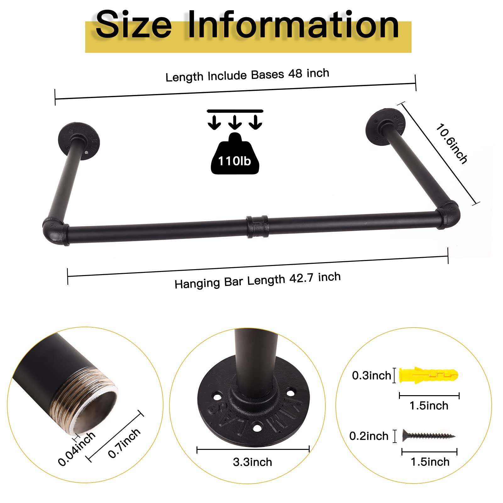 Size Information

- Length Include Bases: 48 inch
- Hanging Bar Length: 42.7 inch
- 110lb
- 1.6 inch
- 0.3 inch
- 0.04 inch
- 0.7 inch
- 3.3 inch
- 0.2 inch
- 1.5 inch