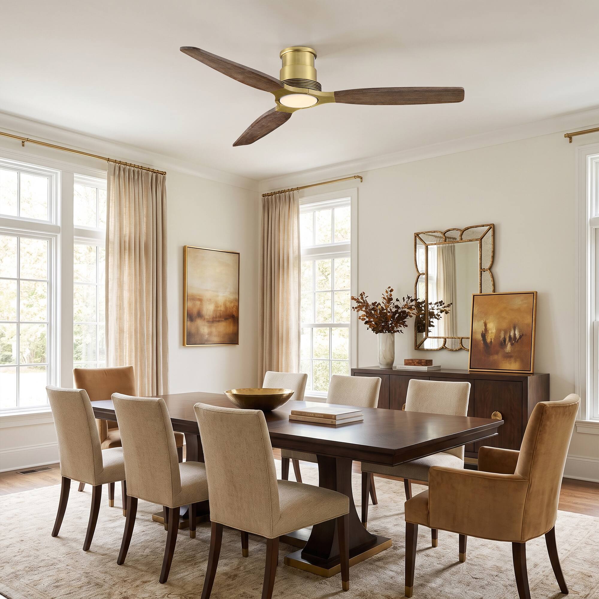 Left. Parrot Uncle - 48" Mid Century Solid Wood Lightweight Flush Mount Ceiling Fan with Dimmable LED Light and Remote, 6-Speed DC Motor - Gold.