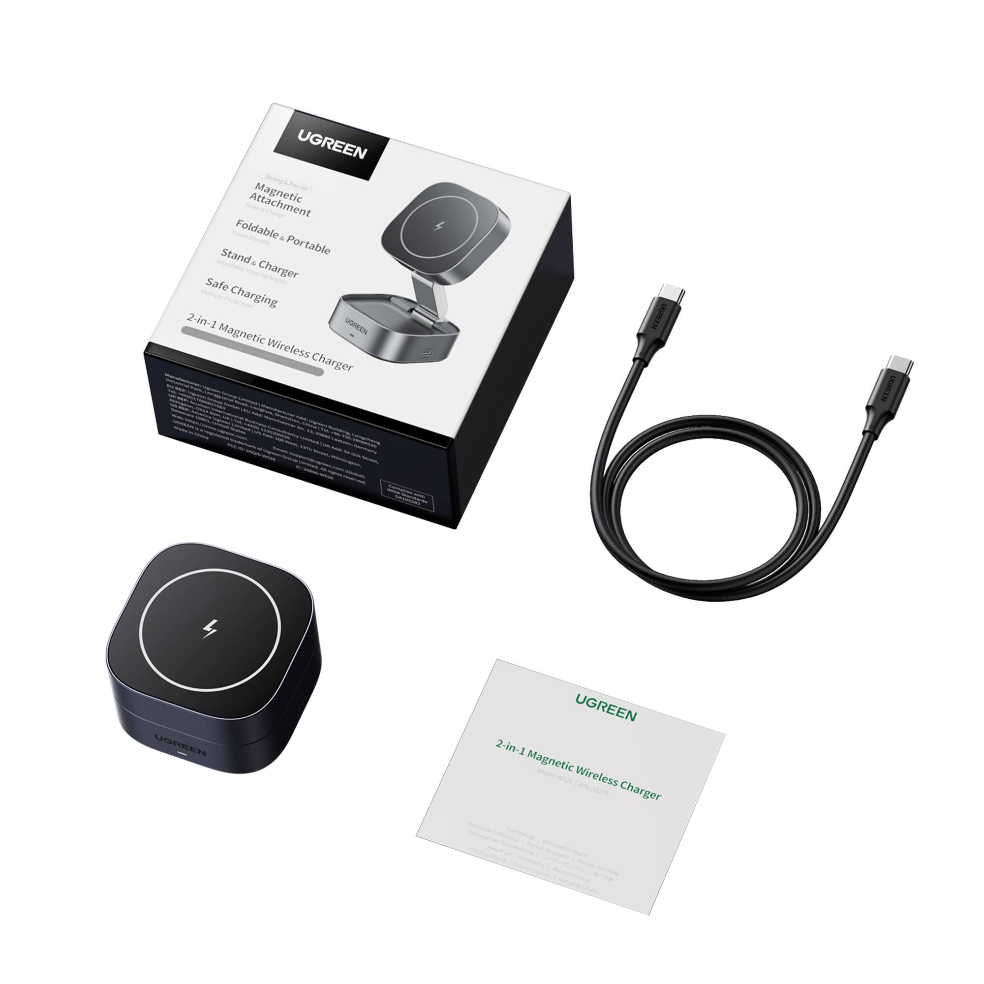 UGREEN Magnetic Foldables Portable Stands Charger Safe Charging 2-in-1 Magnetic Wireless Charger