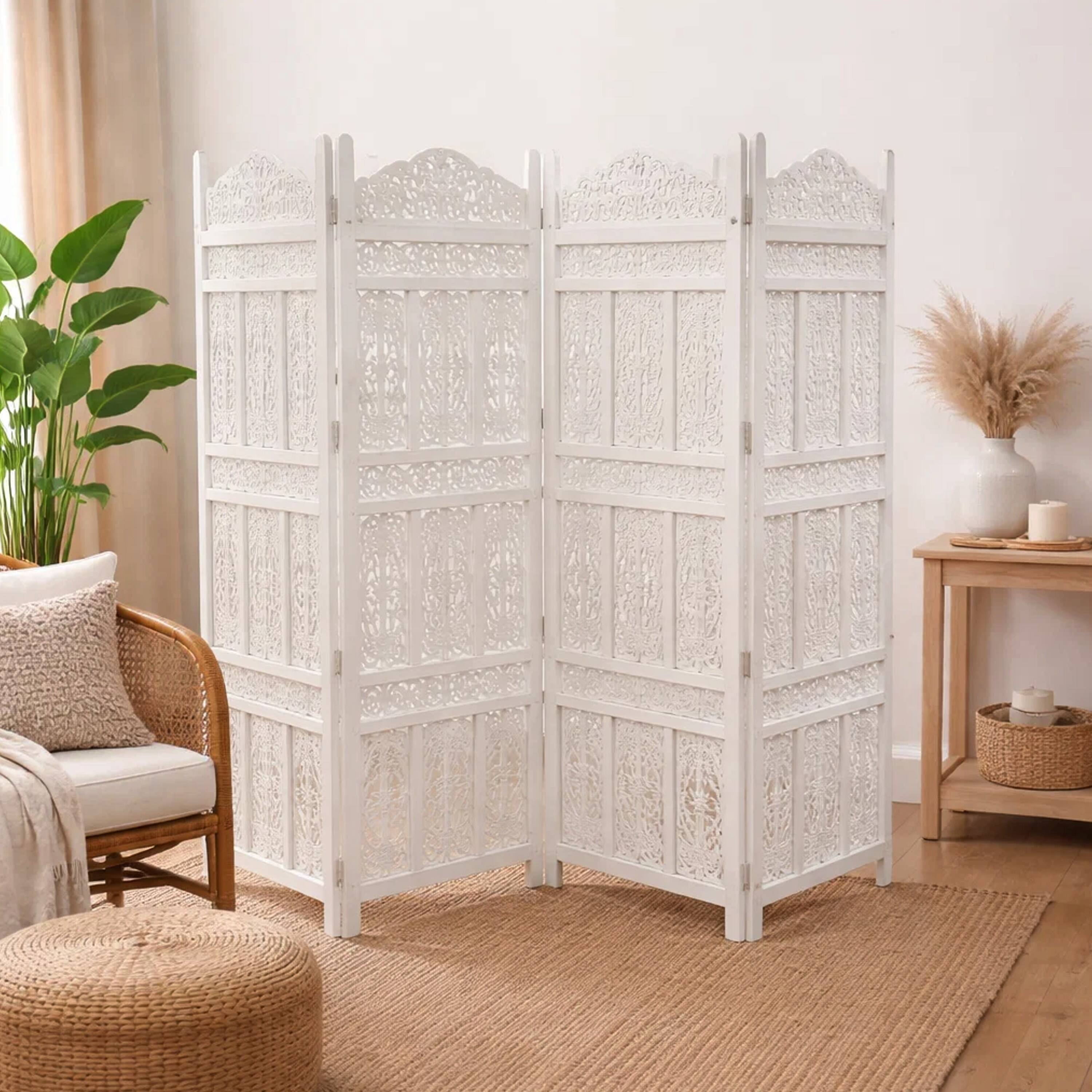 Alt View 6. Manhattan Lane - Aesthetically Carved 4 Panel Wooden Partition Screen/Room Divider - White.