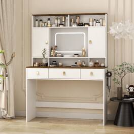 COWLOWN - 43 Inch Farmhouse Dressing Table Lighted Mirror Drawer Hair Dryer Holder Bedroom Set - White