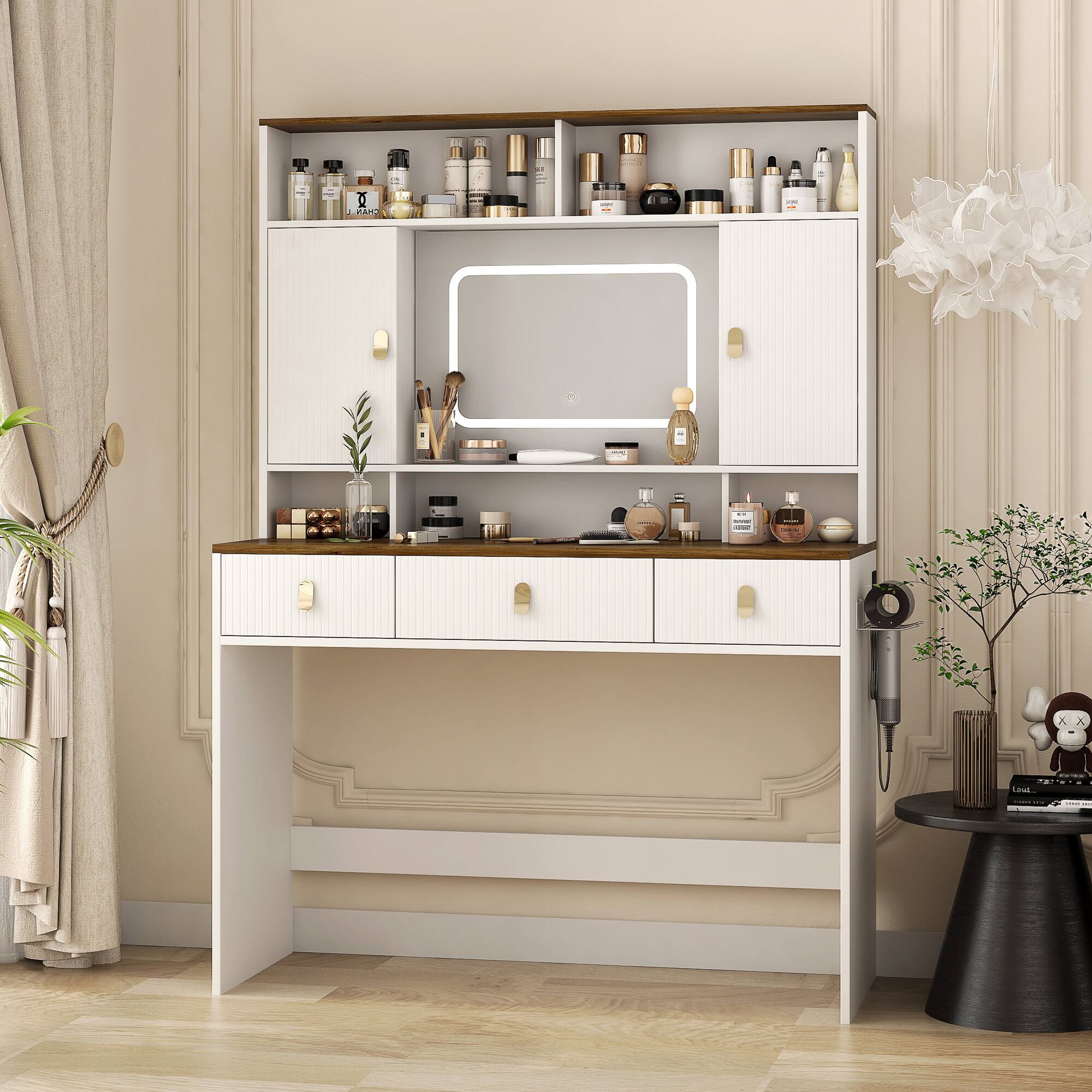 Front. COWLOWN - 43 Inch Farmhouse Dressing Table Lighted Mirror Drawer Hair Dryer Holder Bedroom Set White - White.