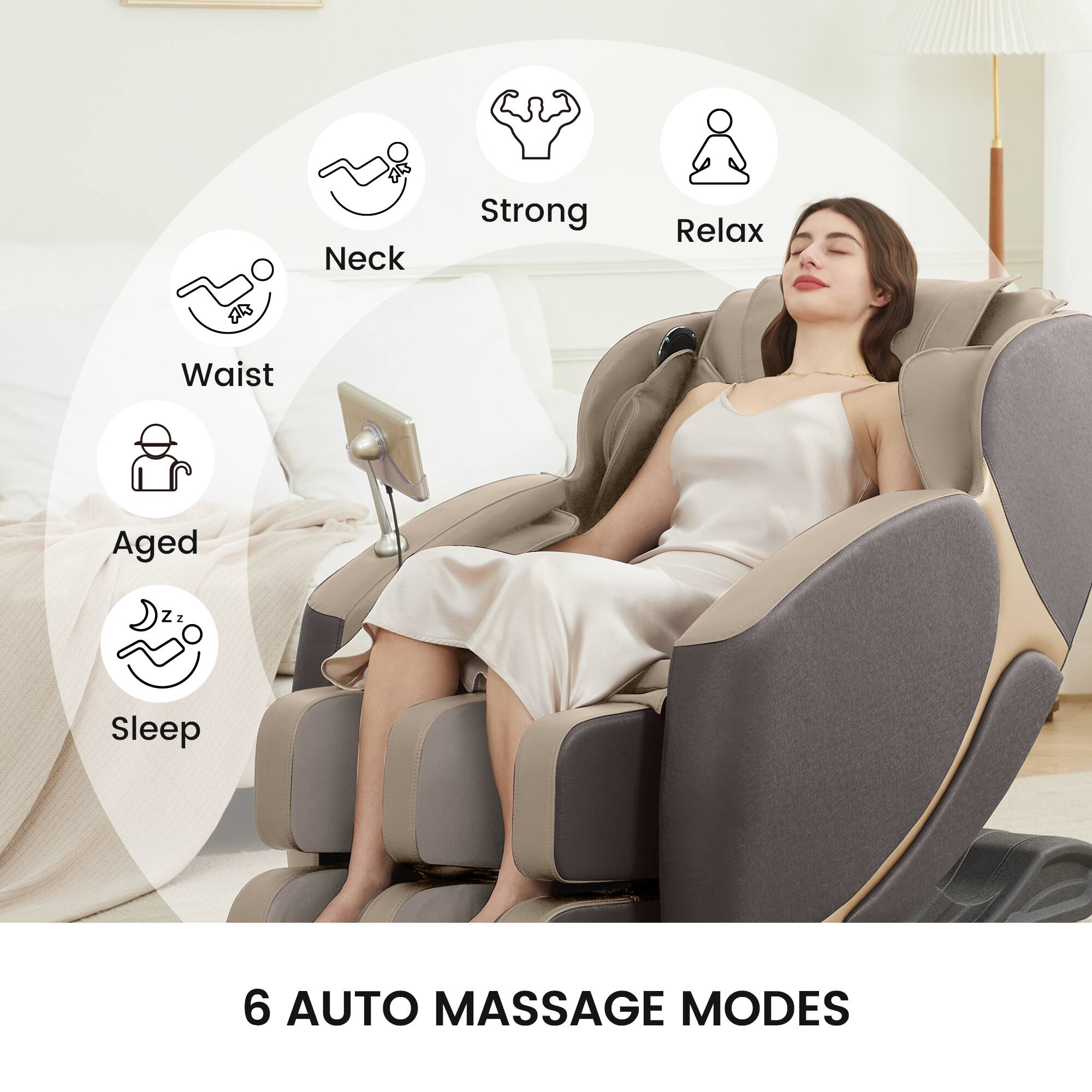 Neck  
Waist  
Aged  
Sleep  
Strong  
Relax  

6 AUTO MASSAGE MODES